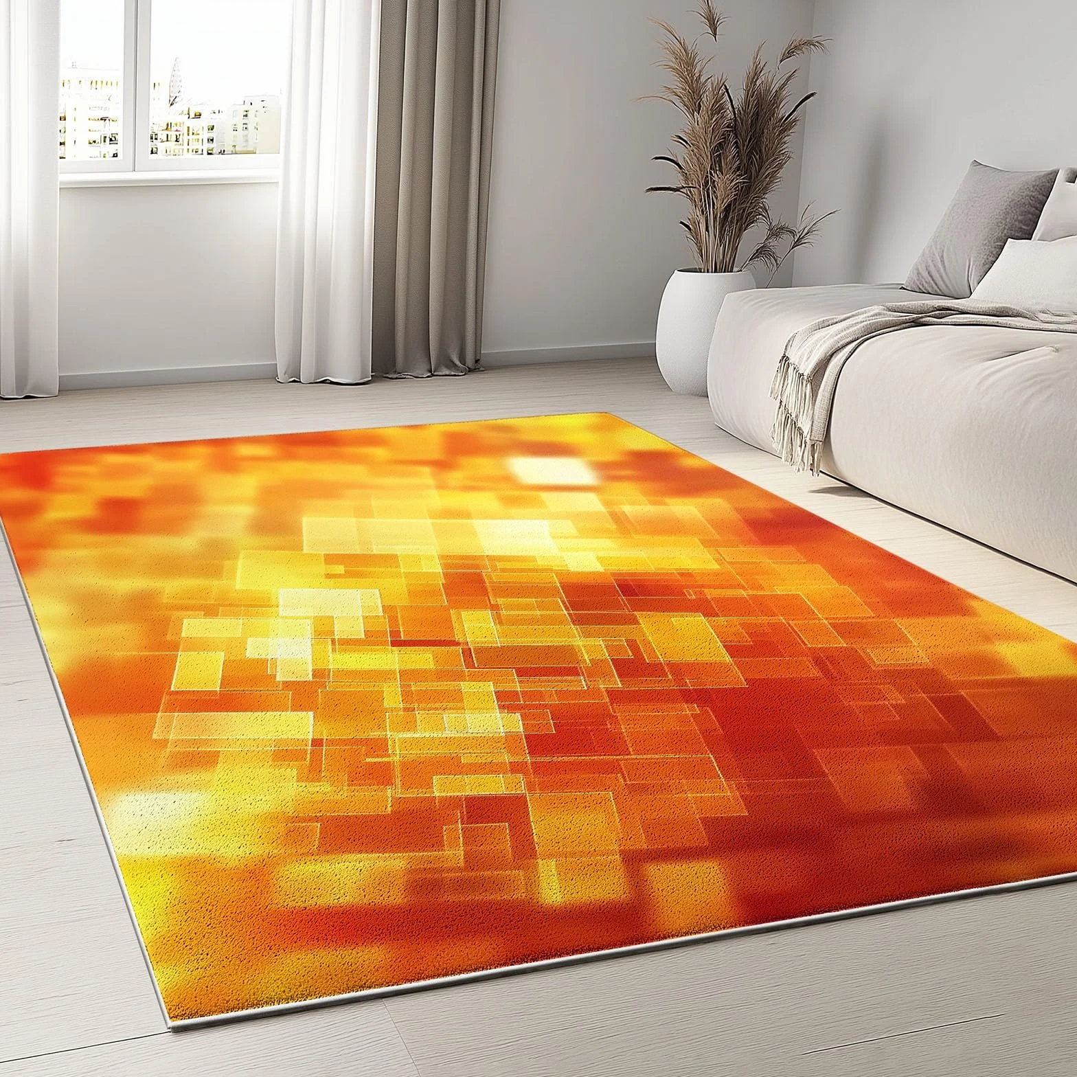 Tapis Poil Ras de Salon Carrés Abstraits Design Lavable, Tapis Antidérapant dans Différentes Tailles, pour Salon Chambre Salle à Manger 160 x 230 cm, Orange Jaune