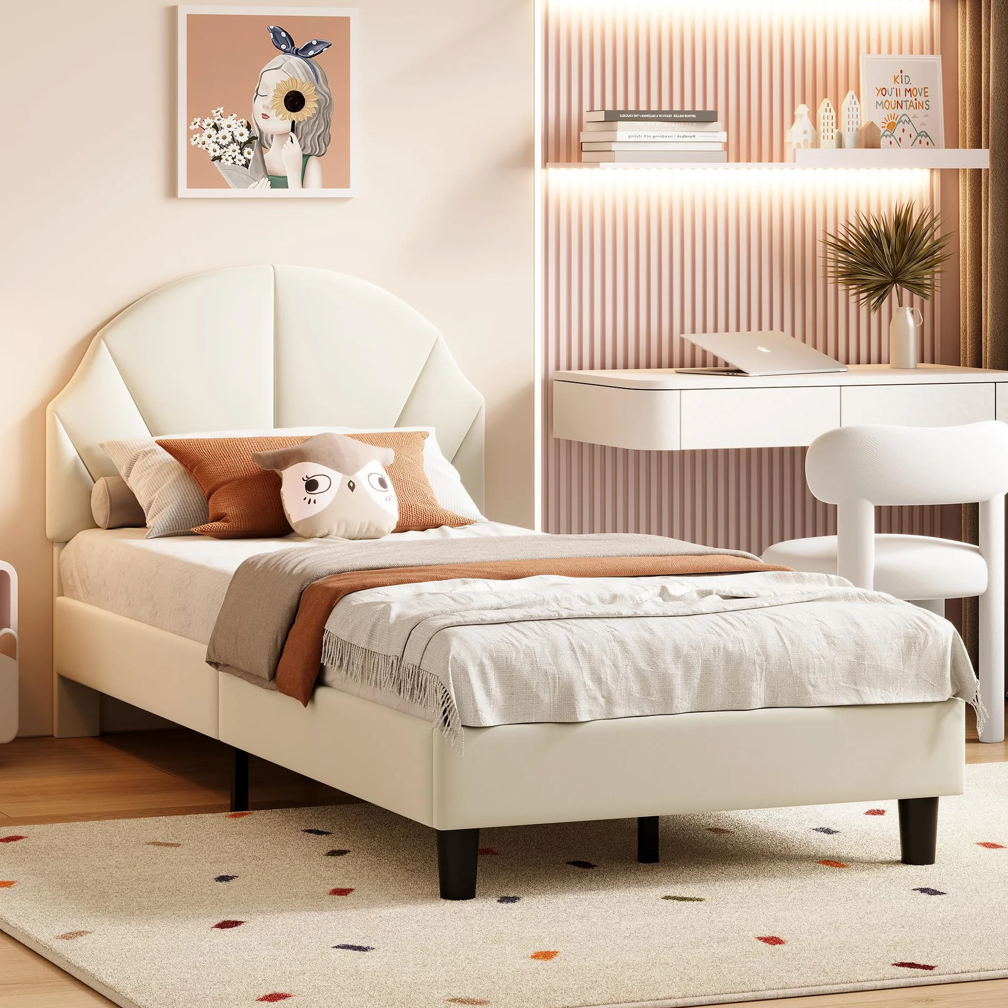 Générique Lit Fille 90x200 cm avec Sommier à Lattes,Tête de lit Réglable en Hauteur,en Forme de Coquillage,Lit Simple Enfant Fille en Velours,Beige(Beige, 90_x_200_cm)