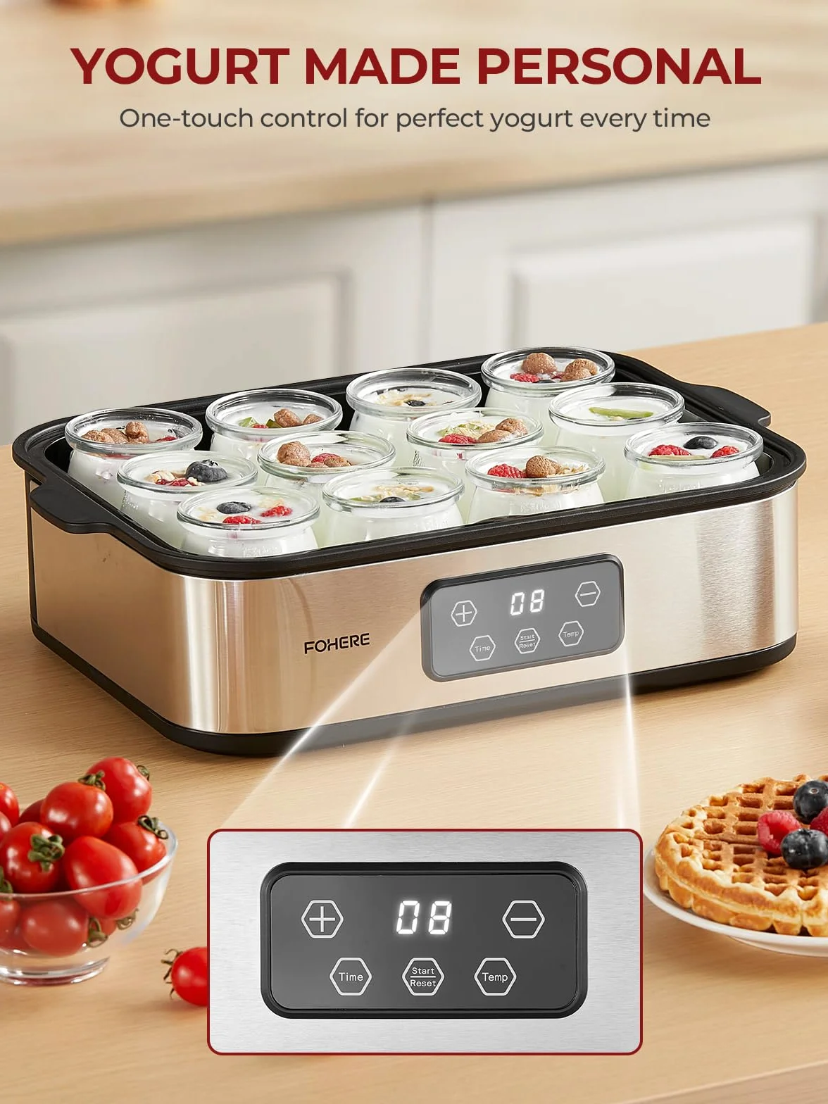 FOHERE Yaourtière 12 pots 180 ml, 25W Machine à Yaourt Maison, Programmable, Ecran LCD, Corps en Acier Inoxydable, Sans BPA, Compatible au lave vaisselle, Arrêt Automatique