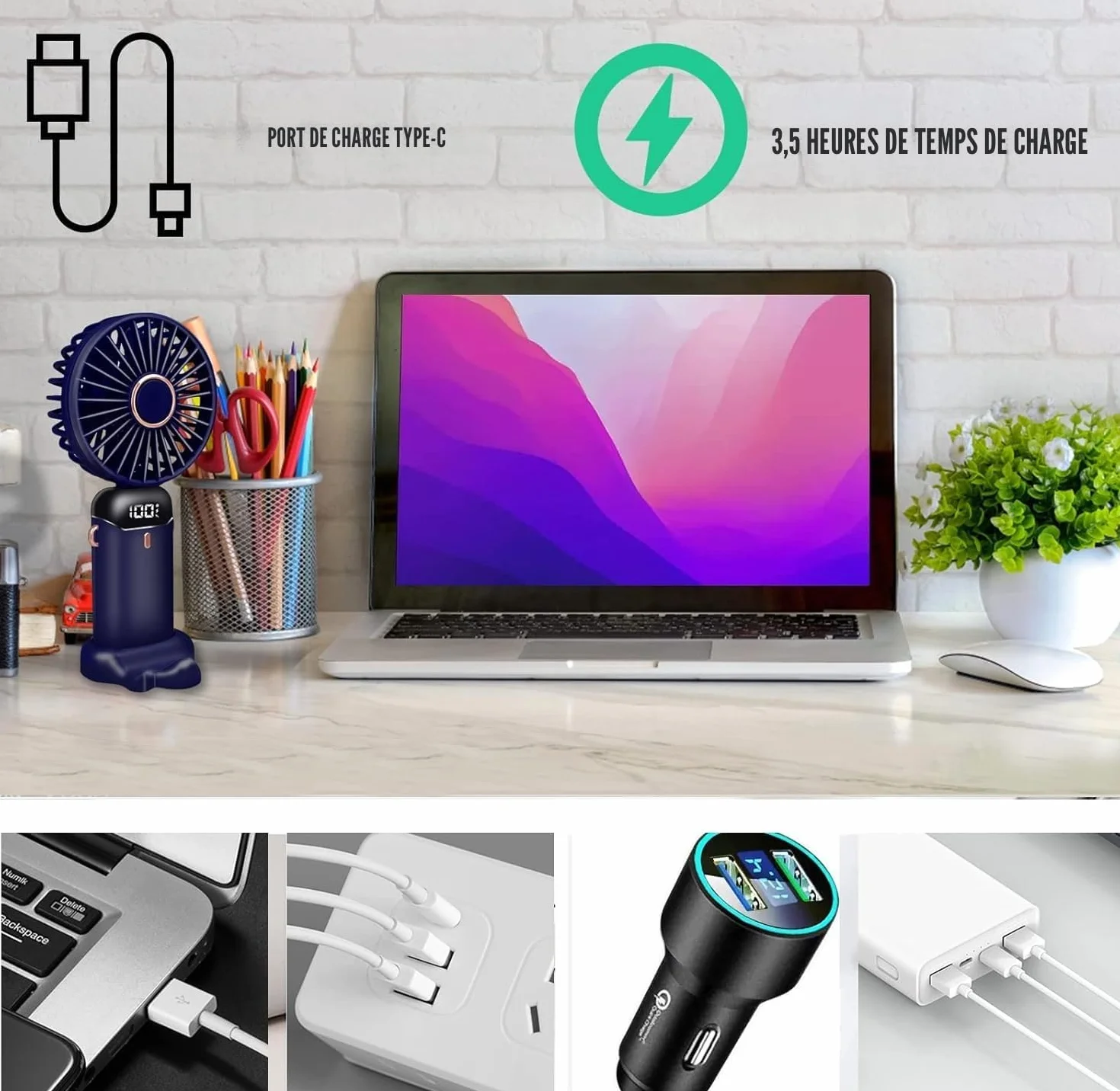 Jsdoin Ventilateur portable rechargeable USB 5 vitesses mini pliable écran LED Bleu Foncé
