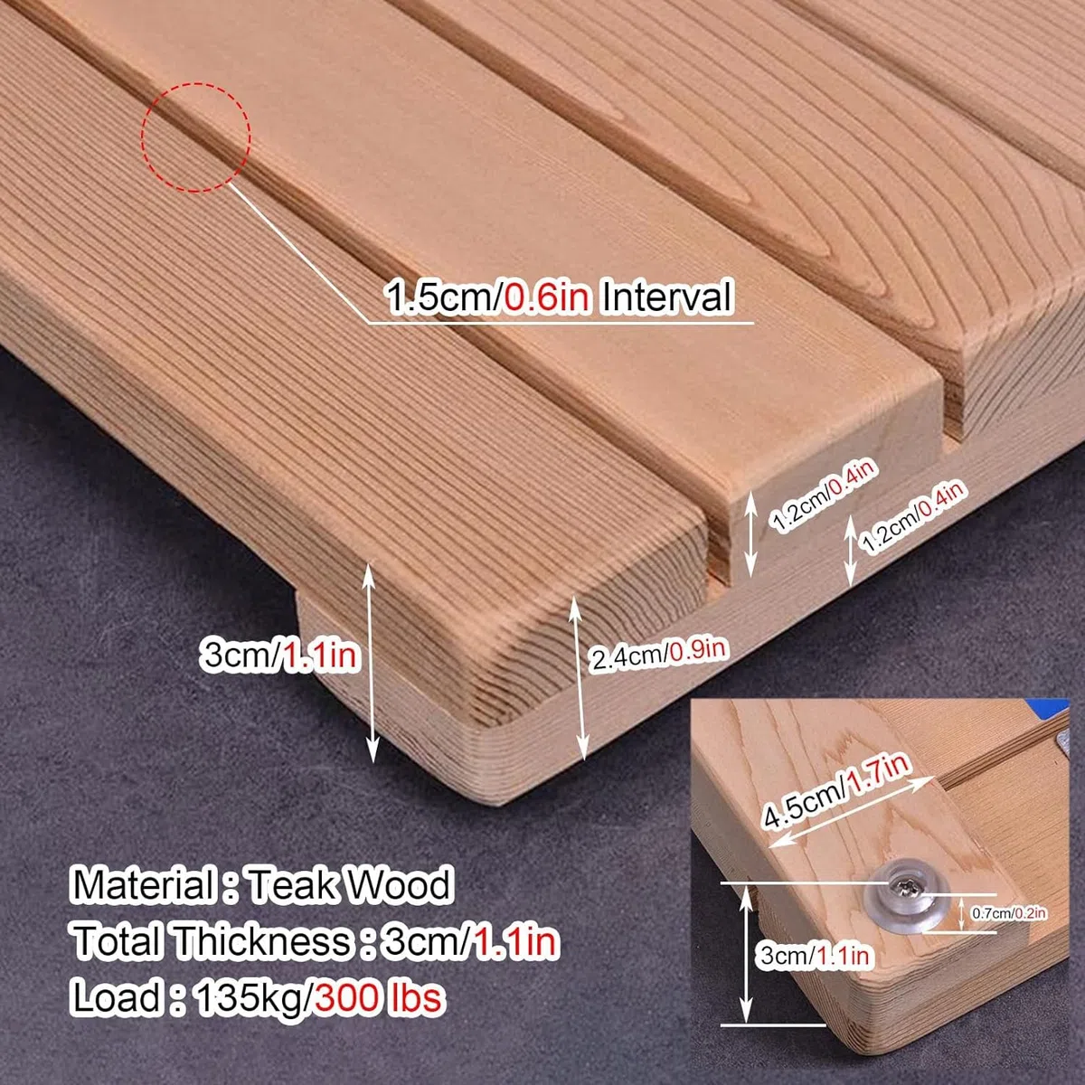 Tapis de sol antidérapant en bois de teck pour personnes âgées | Plateforme de douche rouge | Tapis de bain antidérapant | Disponible en tailles 30 à 80 cm | 60 x 110 cm pour plus de sécurité et de