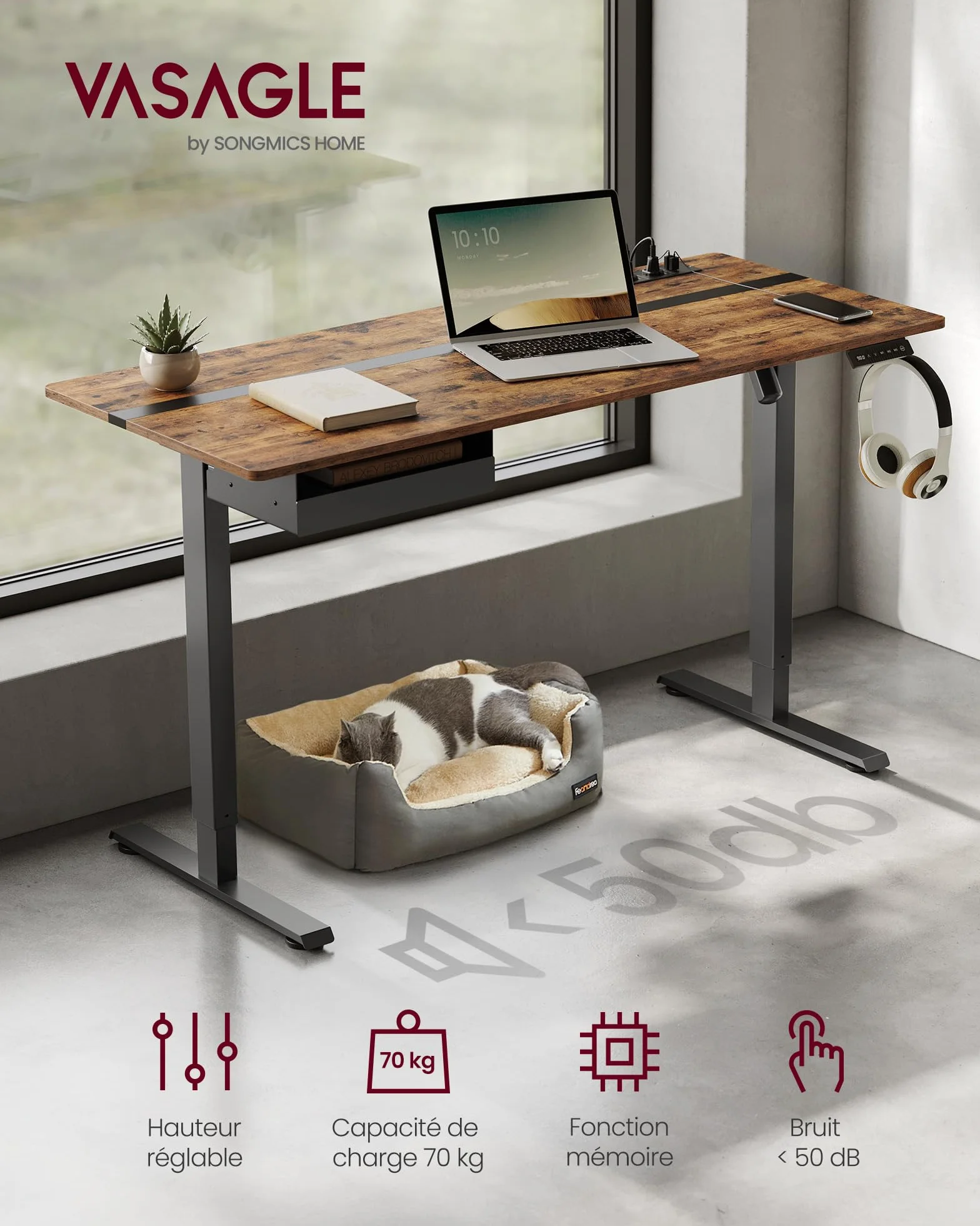 VASAGLE Bureau Électrique RÉglable en Hauteur, Bureau Assis-debout, Surface 60 x 140 cm, RÉglable en Continu, Fonction MÉmoire de 4 Hauteurs, Marron Rustique et Noir LSD114X01