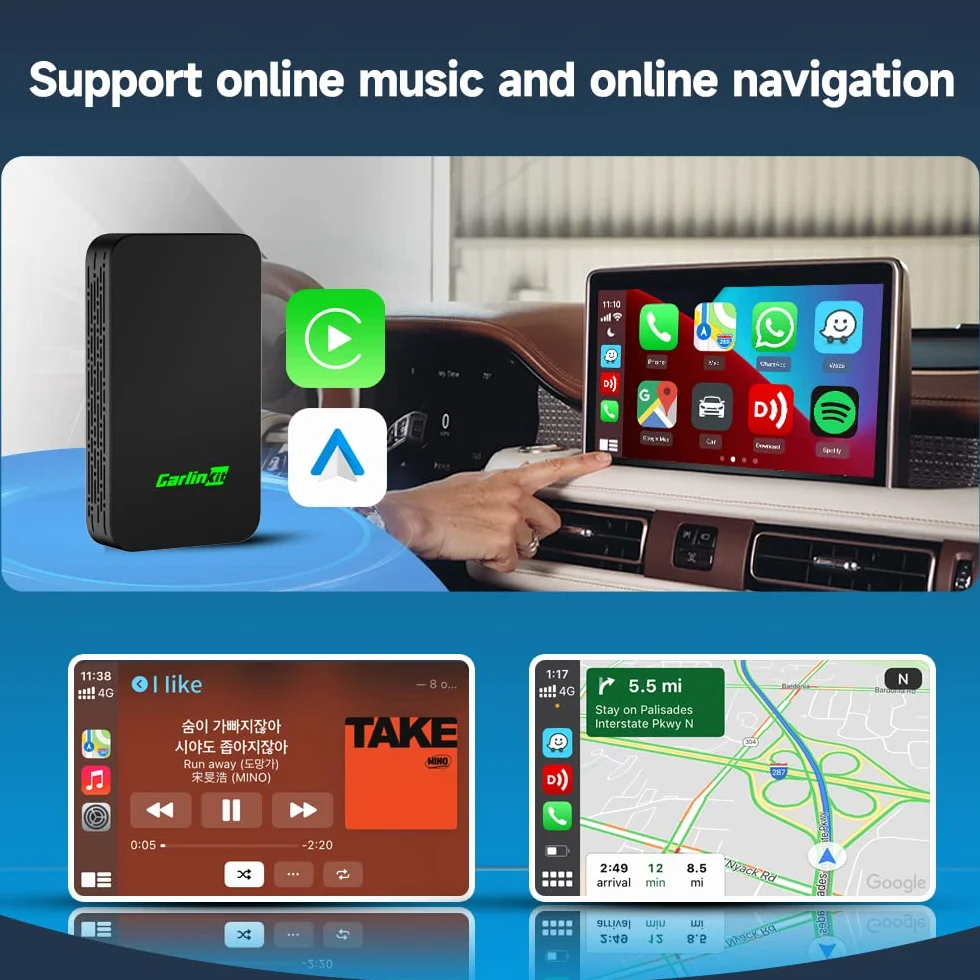 Carlinkit Bezprzewodowy adapter CarPlay 5.0 i Android Auto 2 w 1, do samochodów przewodowych Apple CarPlay lub przewodowych funkcji Android Auto, (rok modelu: 2017 do 2024). Obsługa asystenta