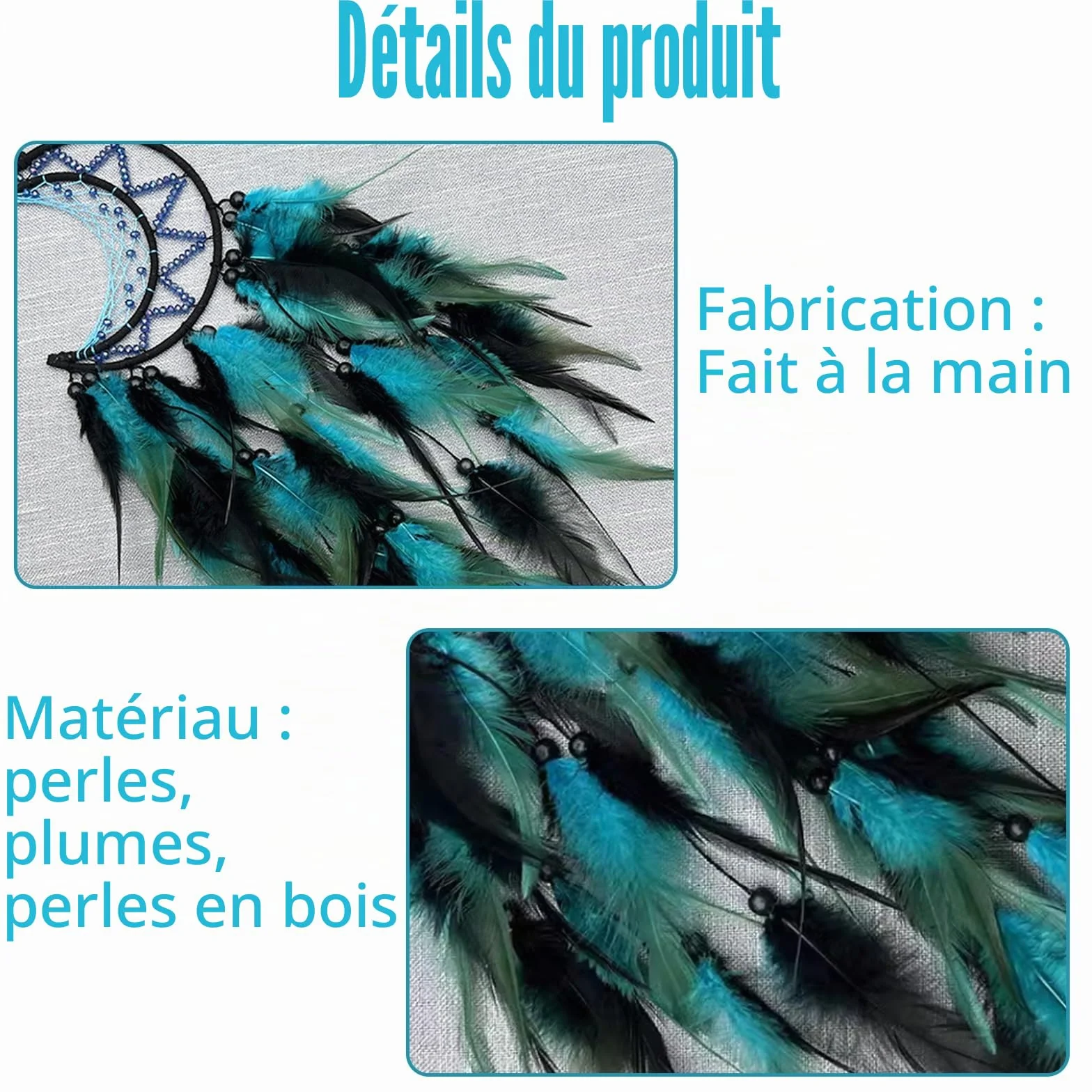 Attrape-rêves en Forme de Lune Bleue, Décoration Murale Indienne Handmade, Cadeau Festival