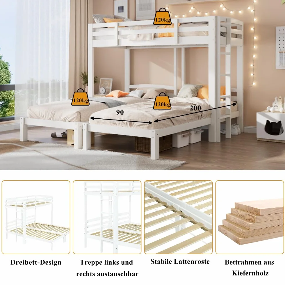 Sapgaks Lit superposé 3 Places 90x200cm,lit Mezzanine 3 Places,lit Enfant avec Barriere lit Double Enfant,Mezzanine escalier,avec échelle latérale,pour Enfants et Adolescents, Blanc