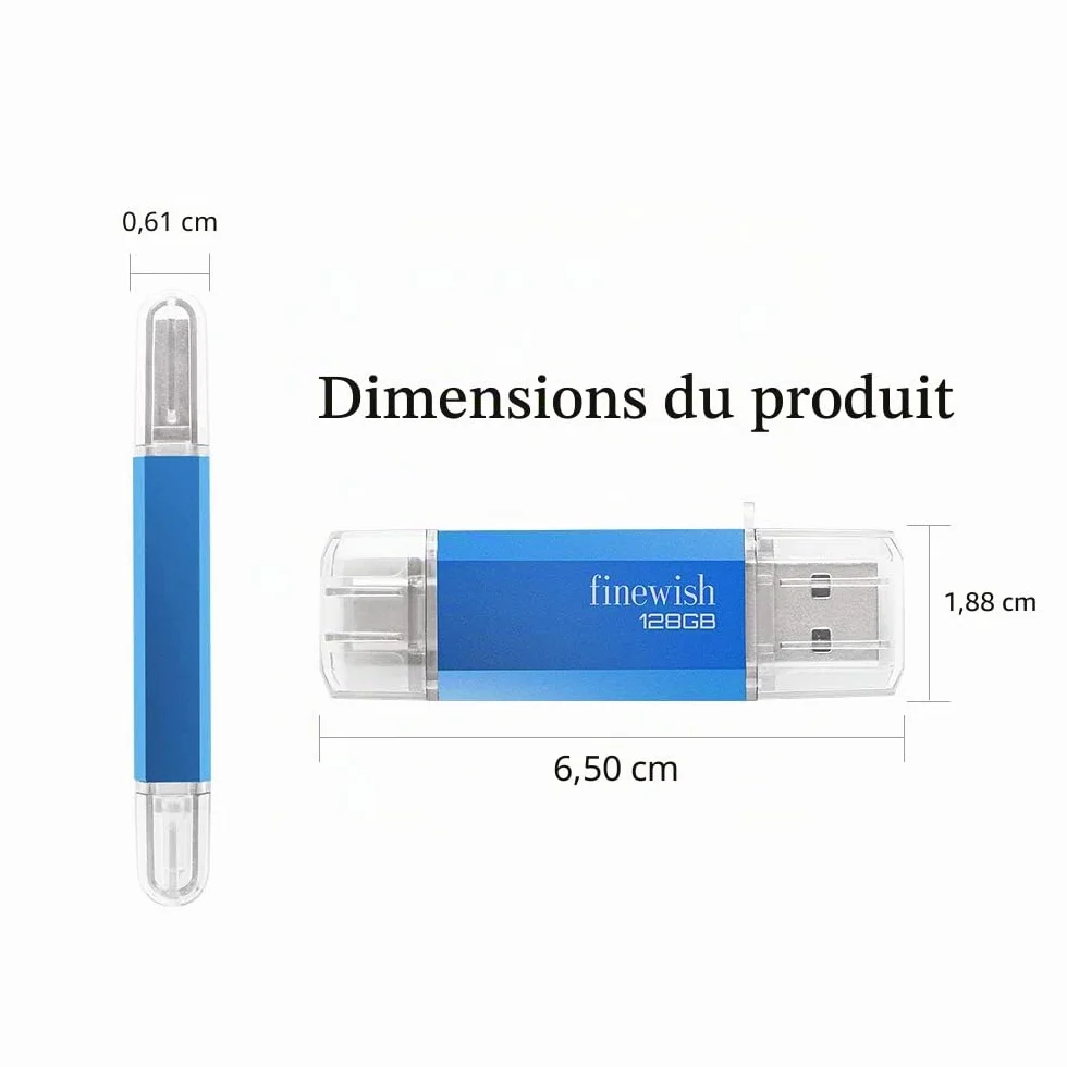 CLé USB 128 Go 2 en 1 USB C Pendrive Portable Type C Memory Stick pour Huawei Xiaomi Oneplus OTG Android (Bleu)
