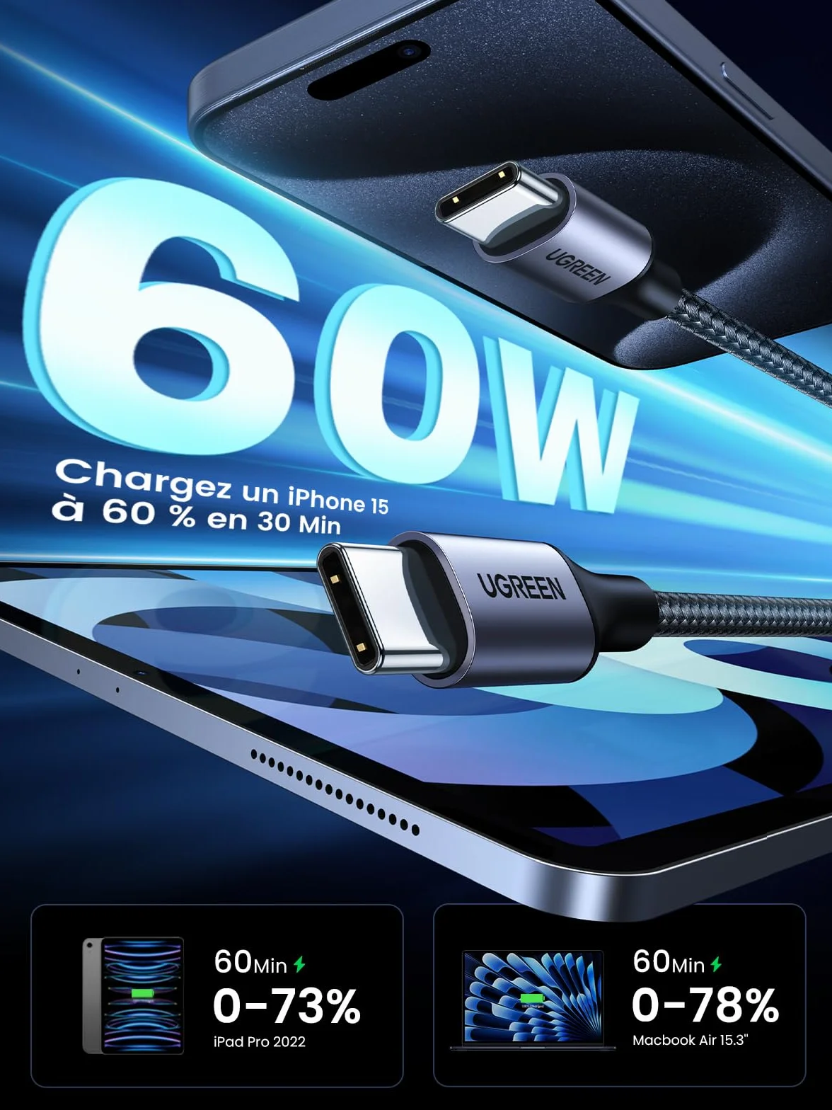 UGREEN Câble USB C vers USB C PD Charge Rapide 60W Nylon Tressé 1M
