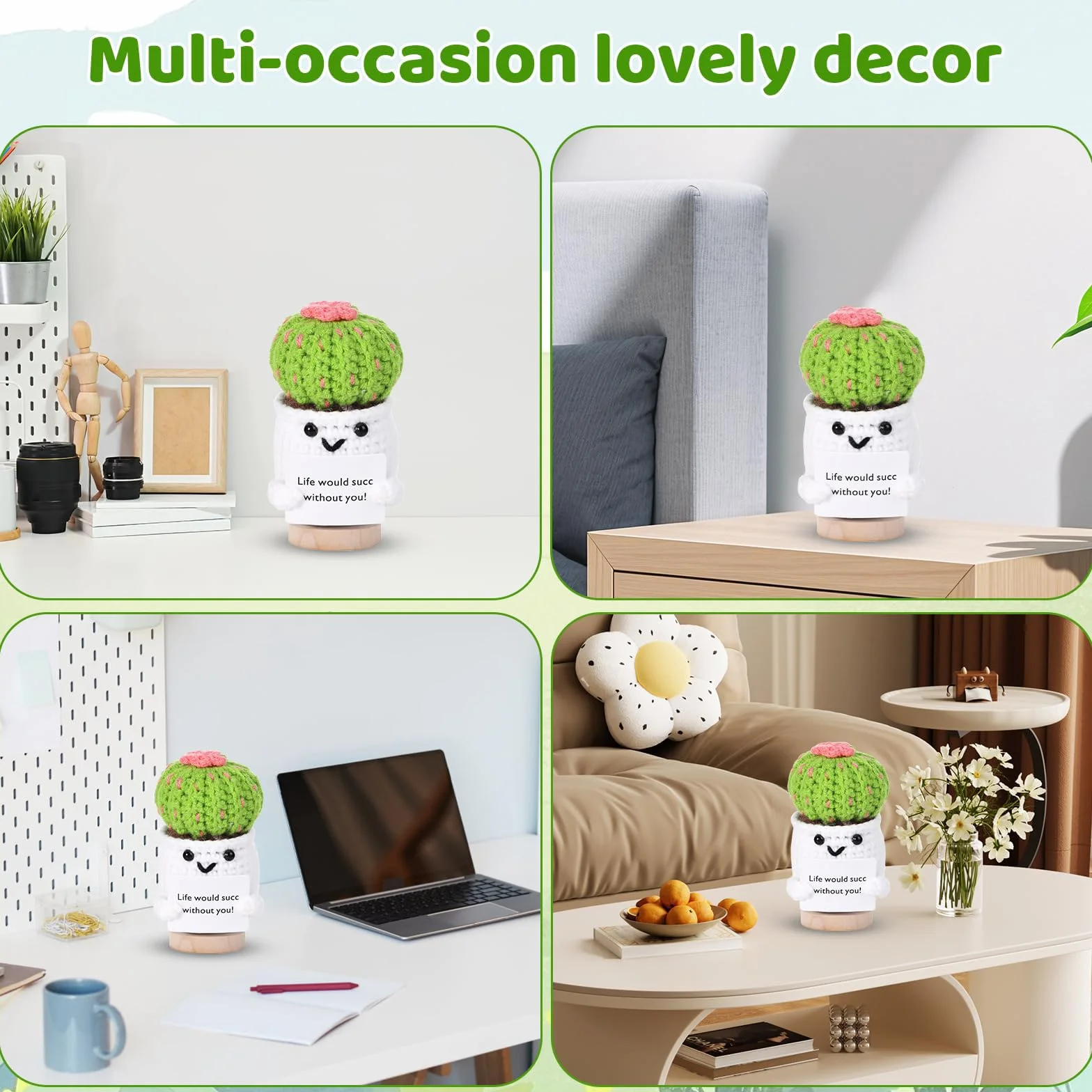 Cactus au Crochet Positif avec Socle, Carte, Cadeau Rétablissement
