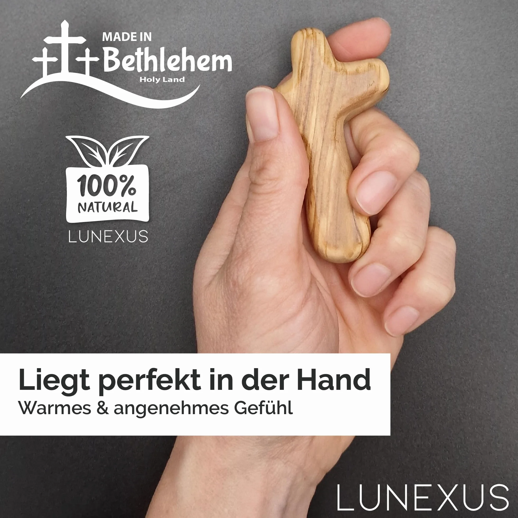 Lunexus Croix de réconfort 7,5 cm en bois d'olivier de Bethléem bénie pour guérison, pèlerin, communion