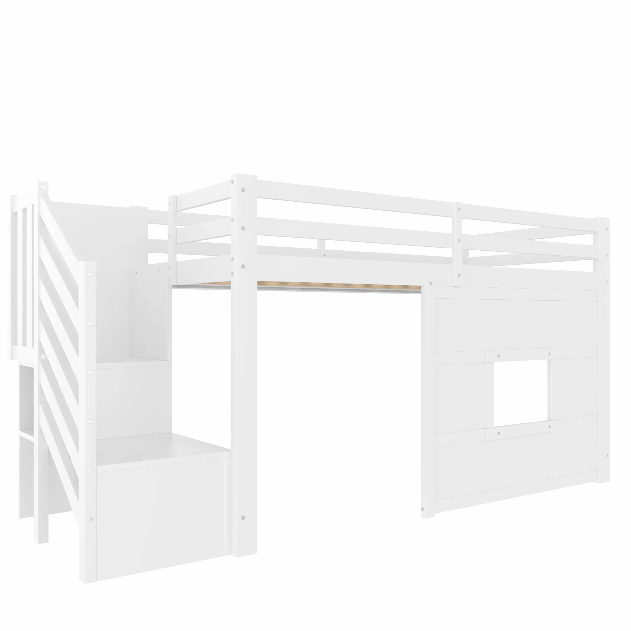 Lit Mezzanine Enfant 90x200 avec Escalier de Rangement, Cadre de Lit Enfant Fenêtre et Éclairage LED - Cadre de Lit en Bois Stable