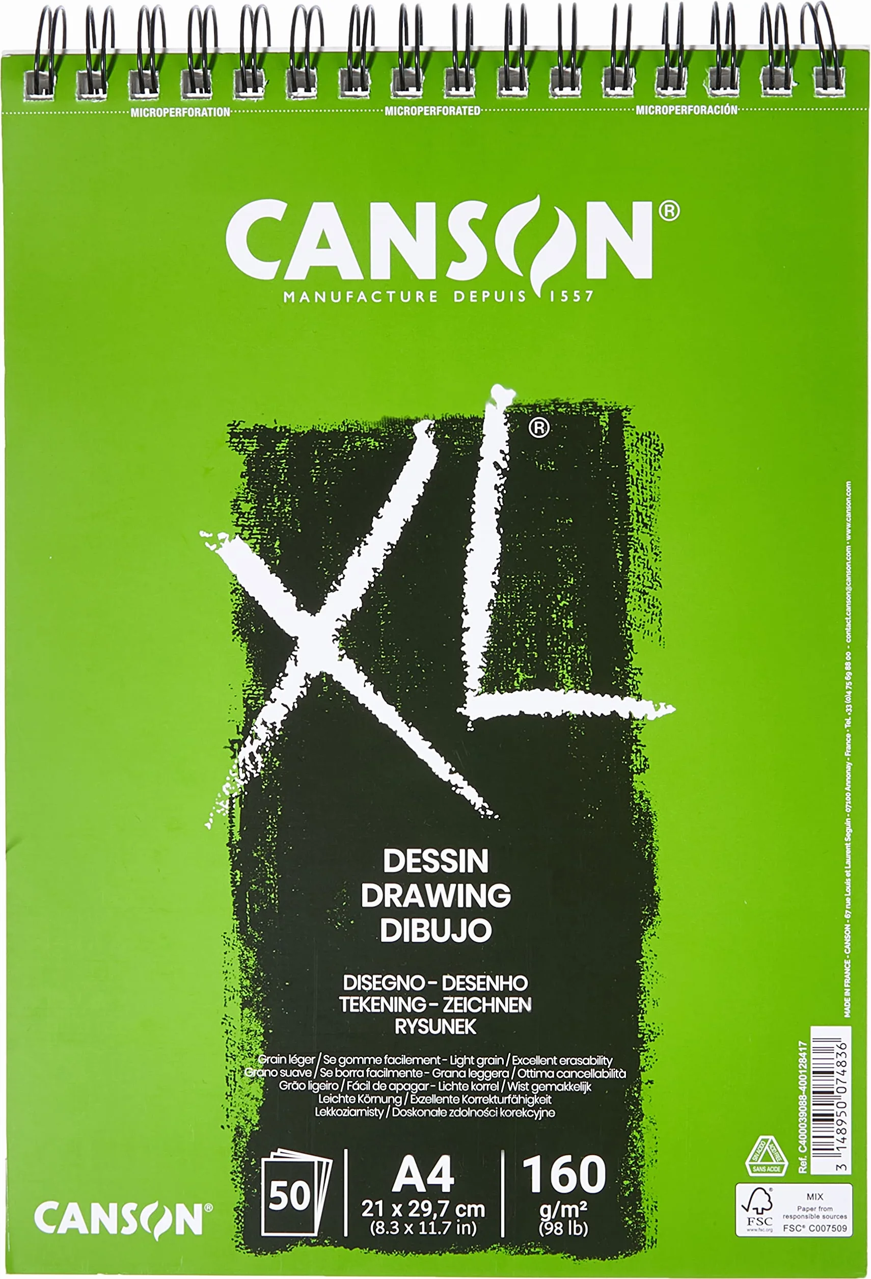 Canson Bloc Croquis Dessin XL Spirale A4 160g 50 Feuilles Blanc