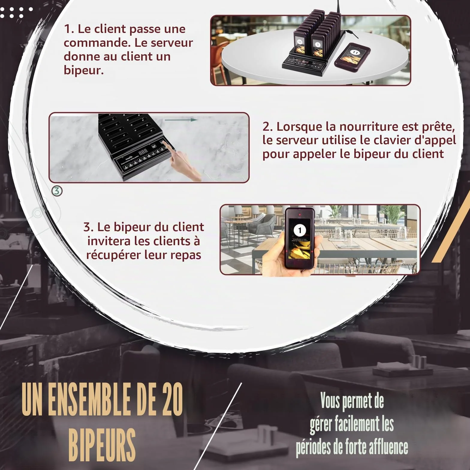 Retekess T112 Bipeur Restaurant 500M 3 Modes d'appel Vibration 36H 999 Canaux 20 Bipeur