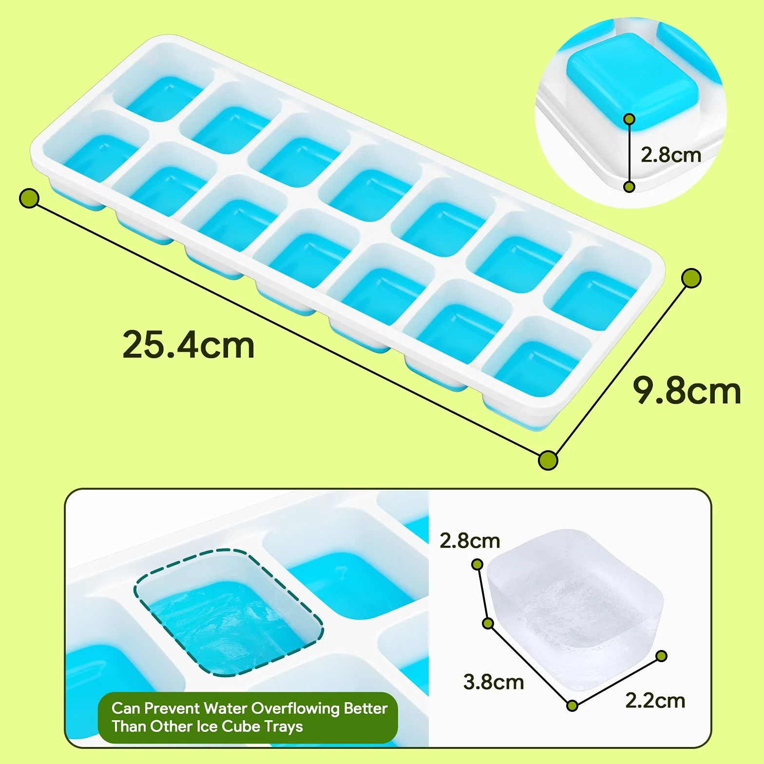 Airabc Lot de 4 bacs à glaçons en silicone avec couvercle, certifié LFGB sans BPA, carrés faciles à retirer Bleu/Vert