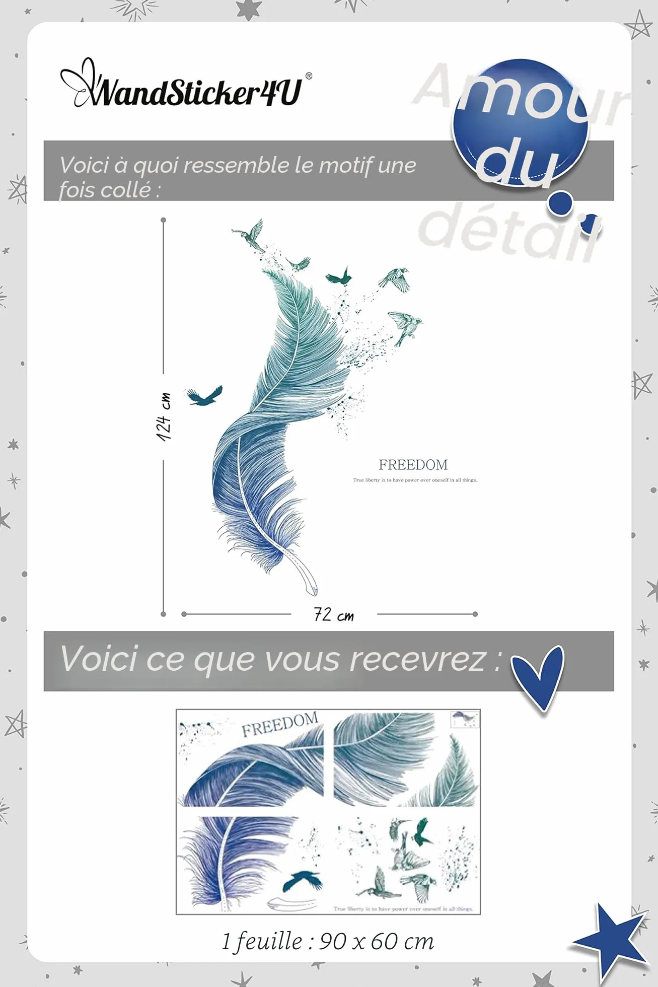 Stickers Muraux Plume Bleu Moderne 124×72 cm Autocollant Mural Décoration Salon Chambre