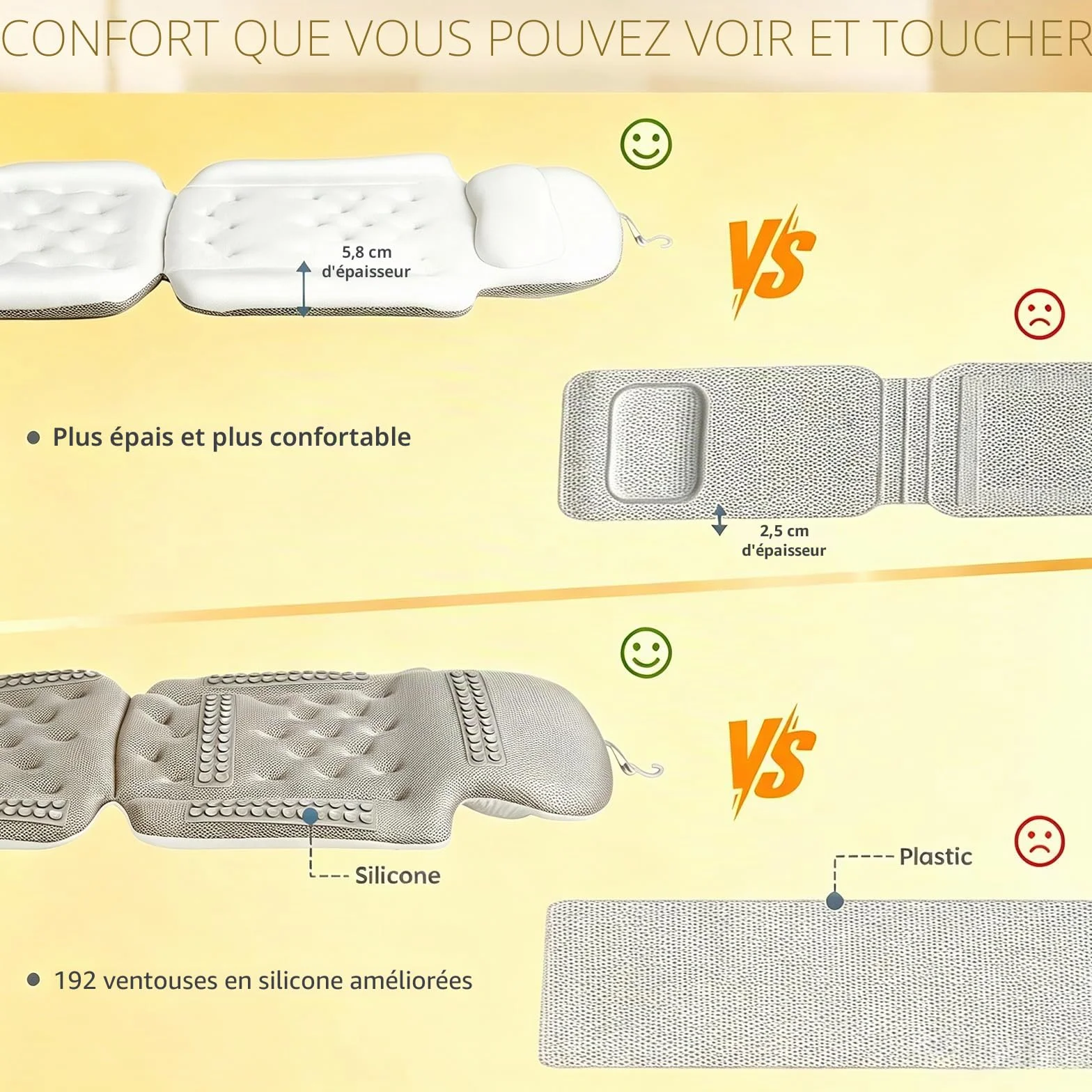Coussin de bain Sxiiro, luxueux coussin de bain avec 192 ventouses, pour le soutien de la tête et du cou, blanc, 129,5 x 40,6 cm