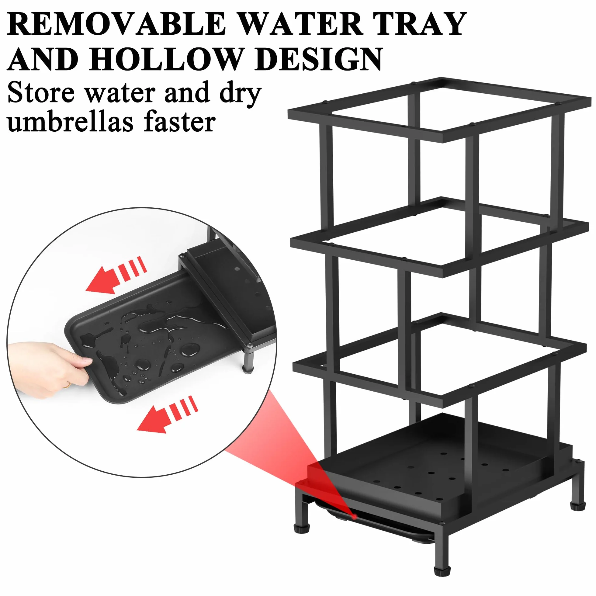 Porte-parapluie en métal avec bac récupérateur d'eau amovible et pieds réglables, 26,5 x 21,5 x 47,5 cm, noir
