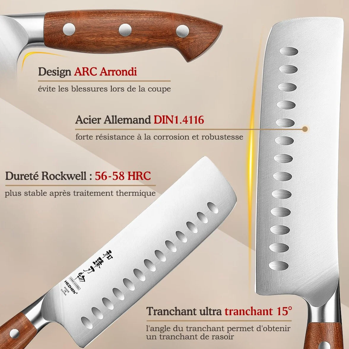 HEZHEN Couteau de Nakiri en Acier Geman, Style Japonais Couteau Couperet，Multi-Usages Couteau de Chef Asiatique Pour Trancher la Viande et les Légumes，Griff aus Redwood