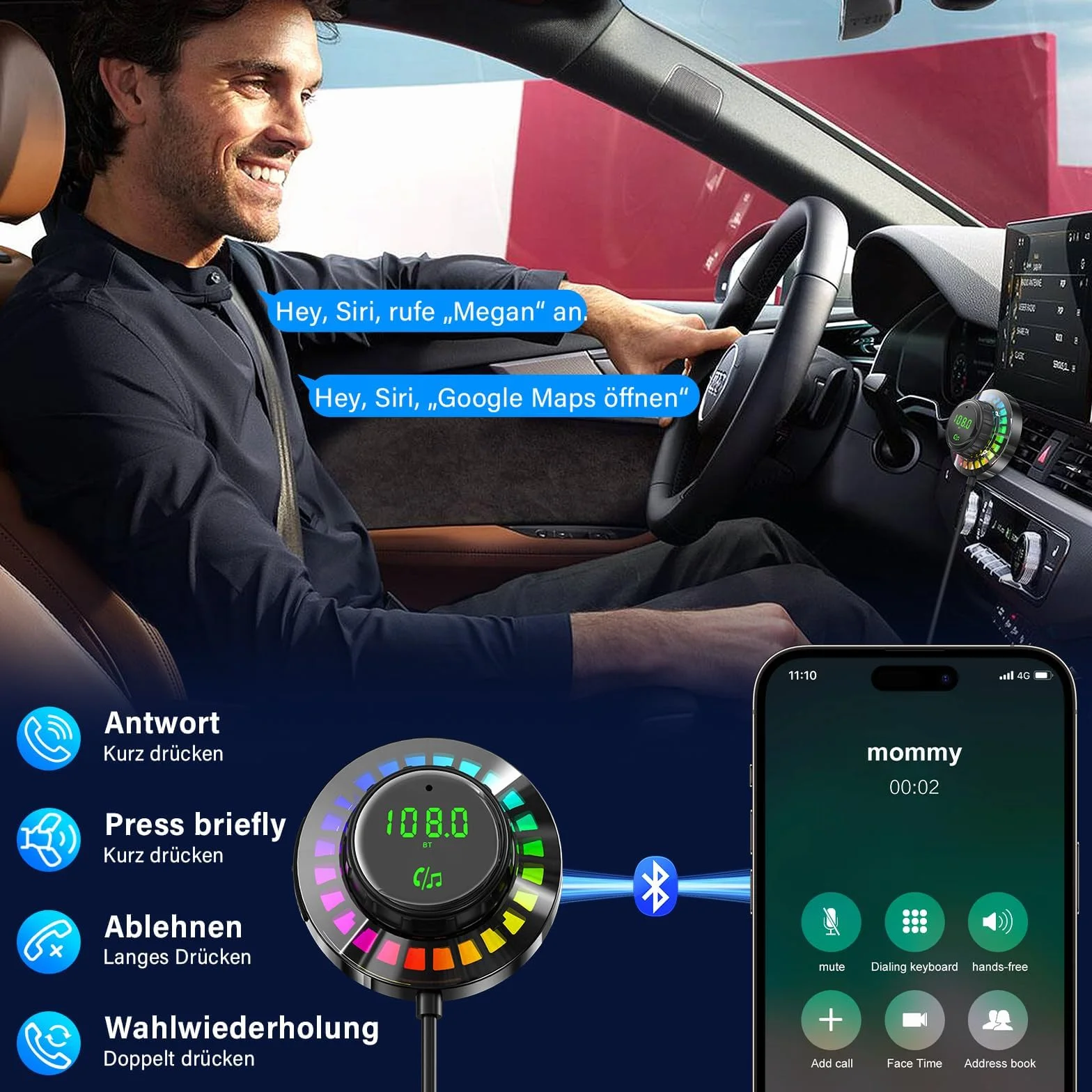 Adapter Bluetooth samochodowy transmiter FM ze światłem RGB – zestaw głośnomówiący Bluetooth 5.3, PD30W USB-C i QC3.0, ładowarka samochodowa, adapter Bluetooth do iPhone Android radio samochodowe