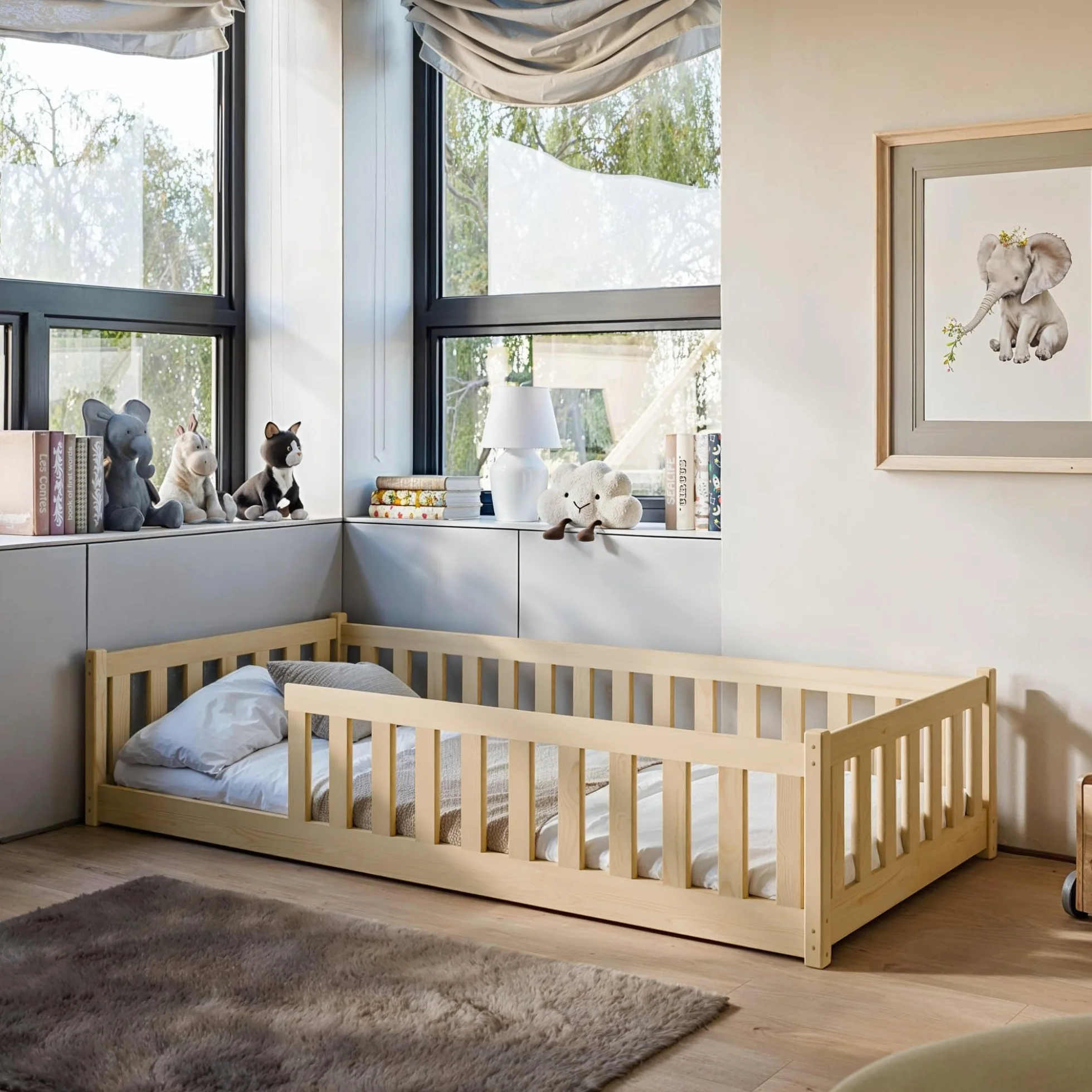 Lit d'Enfant Montessori 90x190 cm avec Protection Contre les Chutes & Sommier à Lattes - Lit à Barreaux pour Enfants et Adolescents