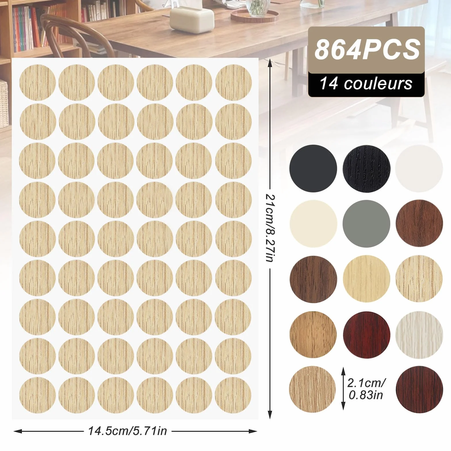 864 Pièces Cache Vis Adhésif Ø21mm Grain de Bois, Autocollants pour Trous de Vis, 14 Couleurs