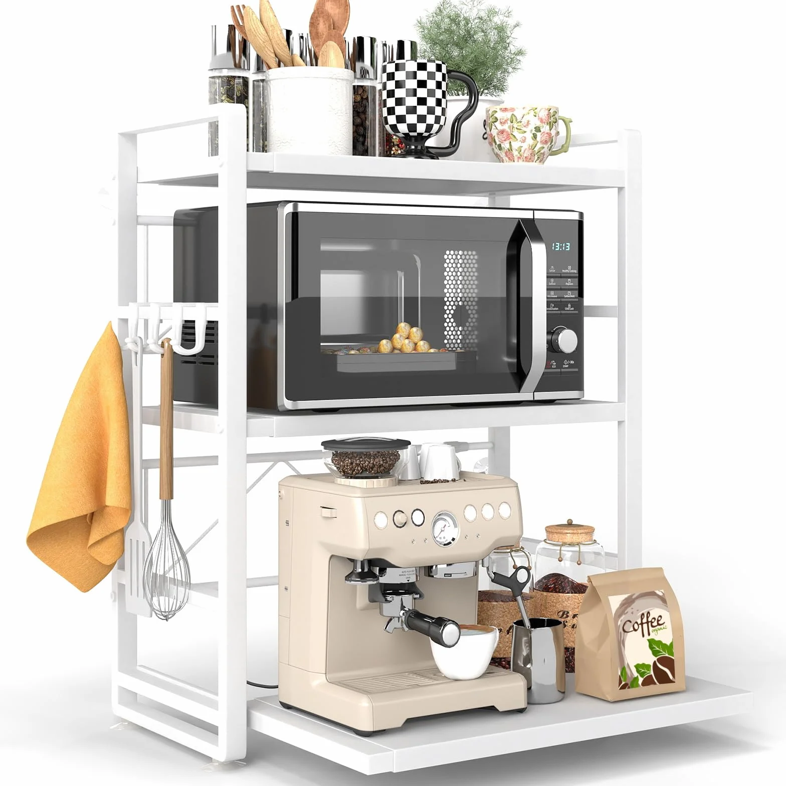 Étagère de cuisine à 3 niveaux - Réglable en hauteur et extensible avec tiroir - En acier au carbone - Avec crochets et ventouses de renfort - Étagère de boulangerie (blanc)