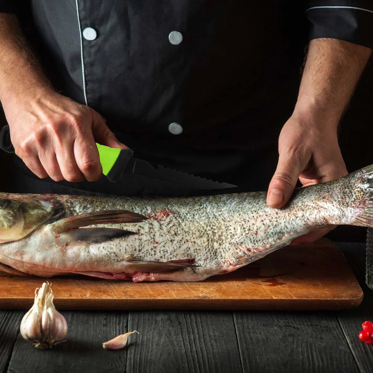 Couteau Pêche, Filets et Outils de Cuisine en Acier Inoxydable avec Poignée Antidérapante (8 Pouces 33,5×1,9 cm)
