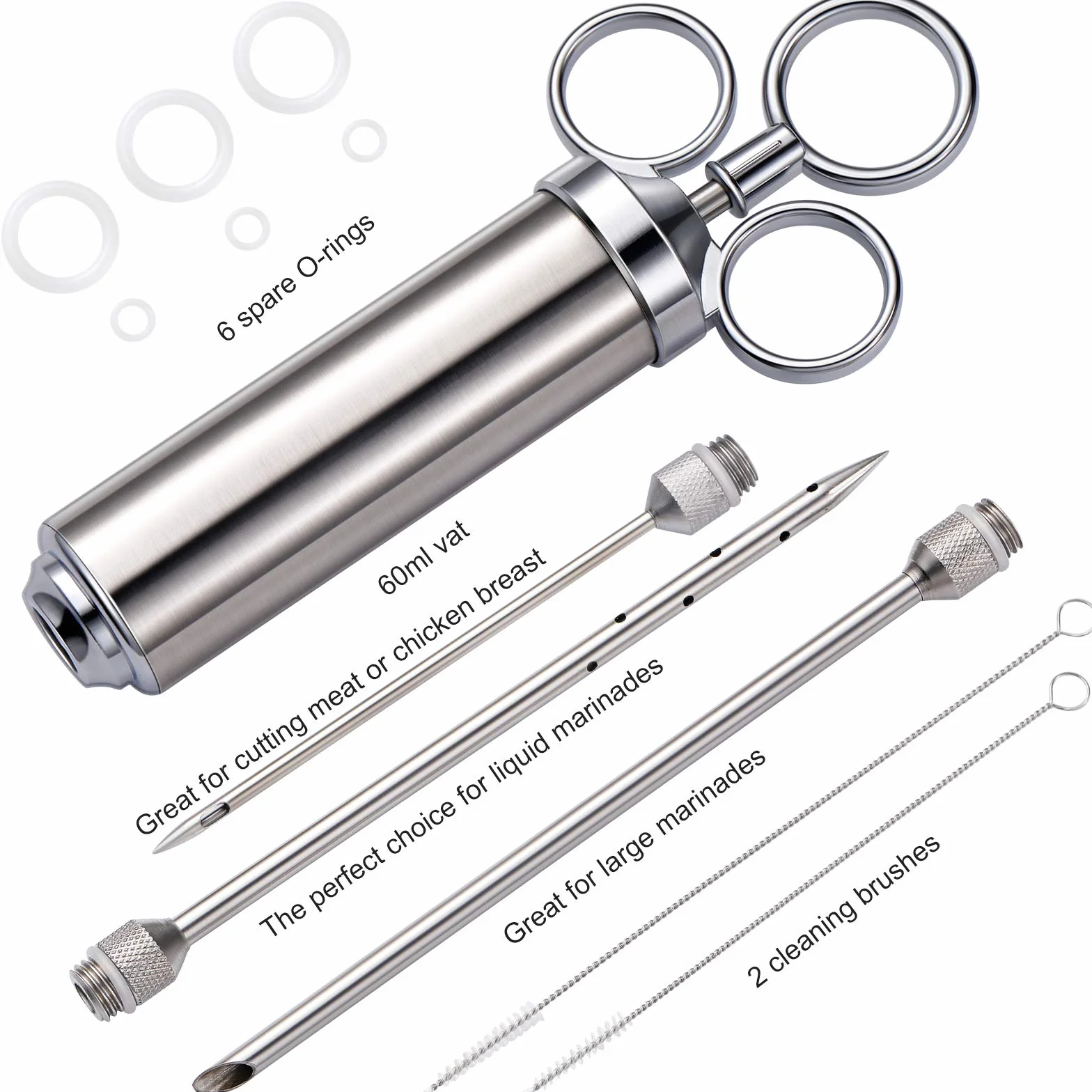 Extsud Seringue à Marinade 60ml en Acier Inox 304 Injecteur Alimentaire avec 3 Aiguilles
