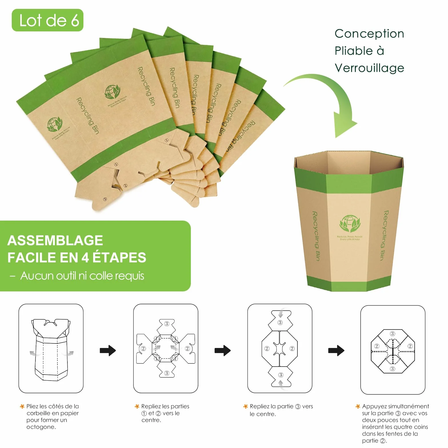 Corbeilles Papier en Carton Repliables 12L Lot de 6 - Poubelles Recyclables Sans Plastique pour Bureau Maison