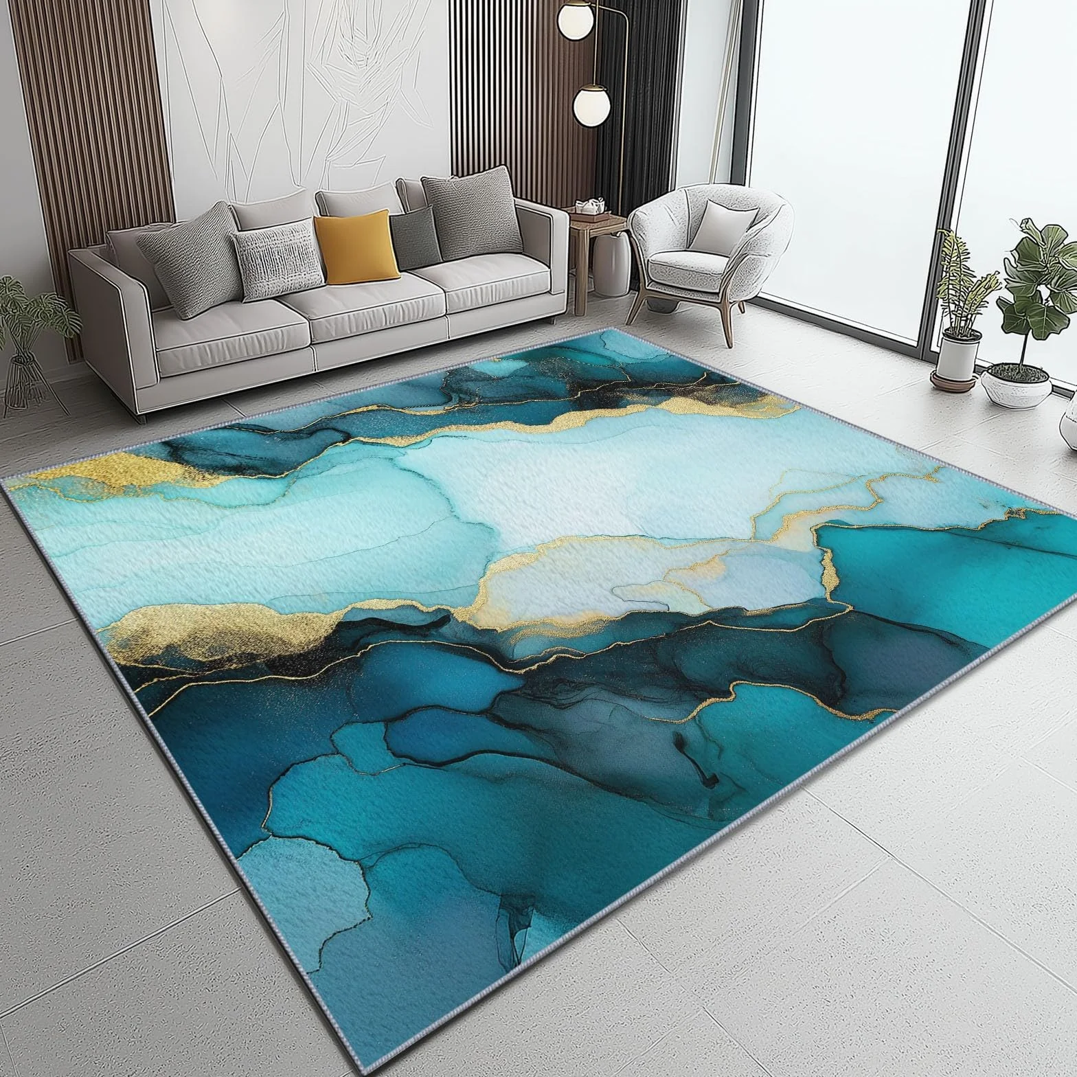 Tapis Salon Motif Marbre Ondulé Aquarelle Lavable en Machine Antidérapant 60 x 110 cm