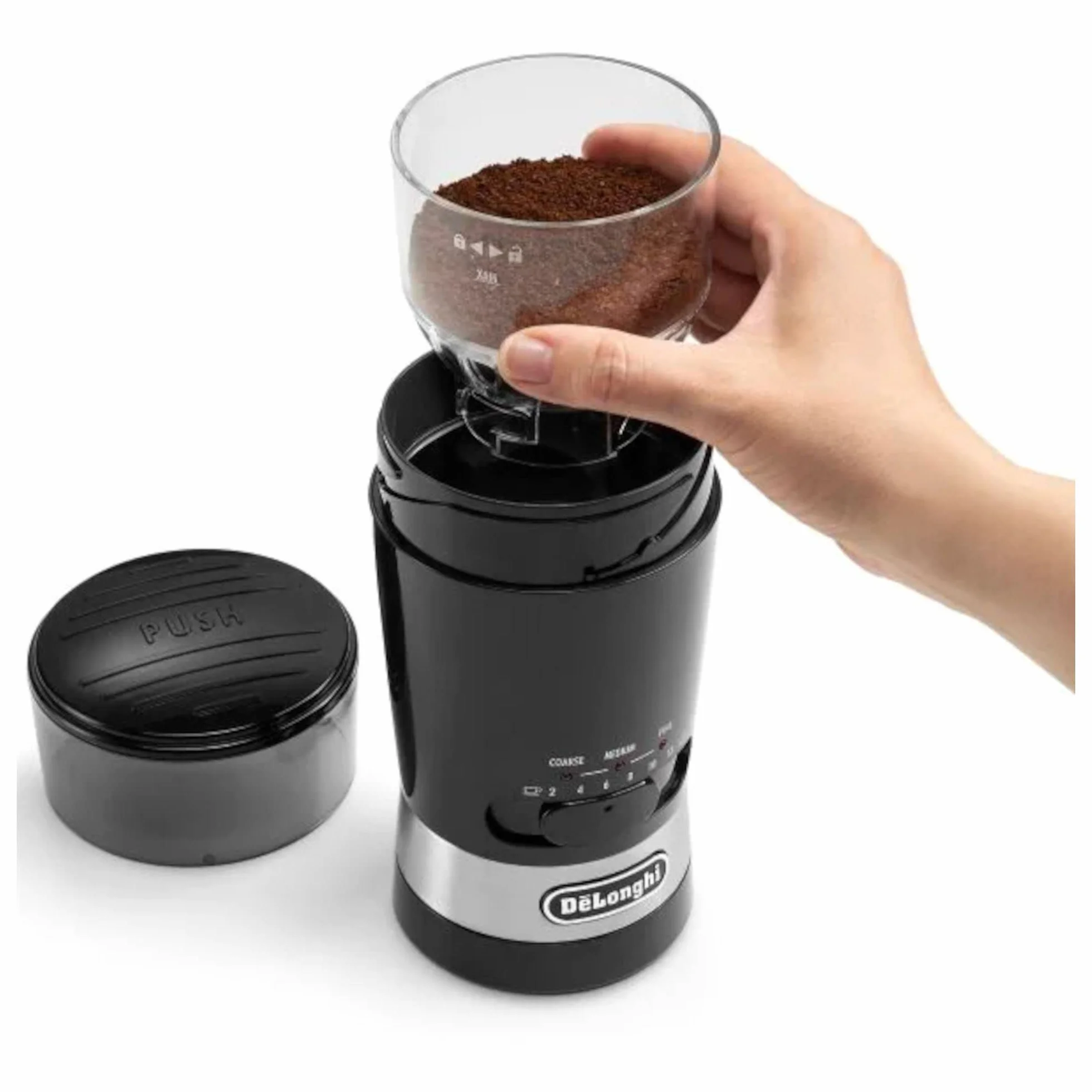 De'Longhi 1 KG210 Moulin à café 90 grammes, Lames en Acier Inoxydable, capacité de Tasse réglable, Utilisation Ultra-Rapide, Multicolore