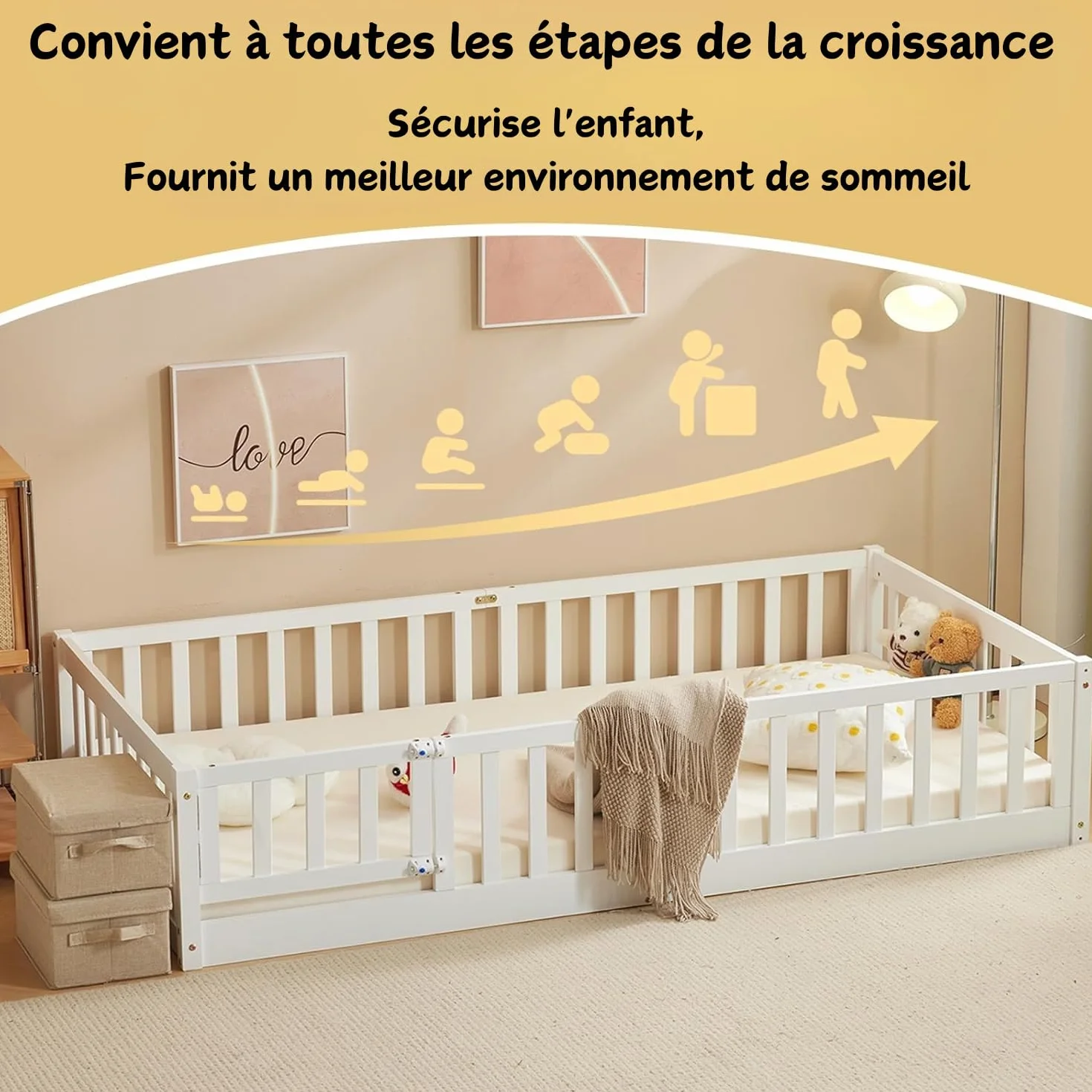 LEADZM Montessori Lit d'enfant Lit au Sol 140x200 cm - Bois Massif avec Porte et Barrière Sécurisée - 12 Lattes Renforcées, Garde-Corps Intégré - pour Enfants et Bébés (Blanc)