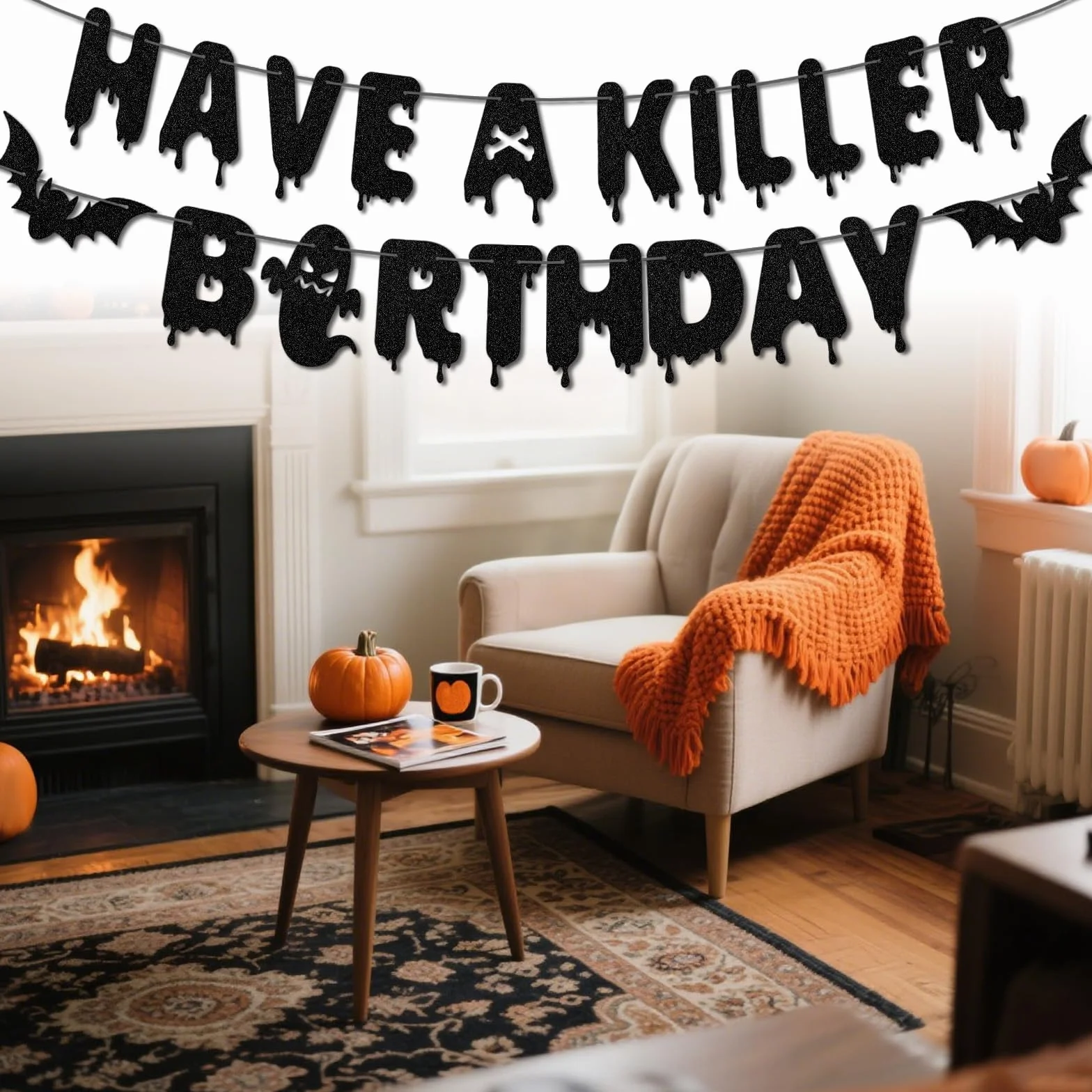Banderole d'Anniversaire Have a Killer Pré-Montée Motif Chauve-Souris Décoration Halloween Guirlande Suspendue (Noir)