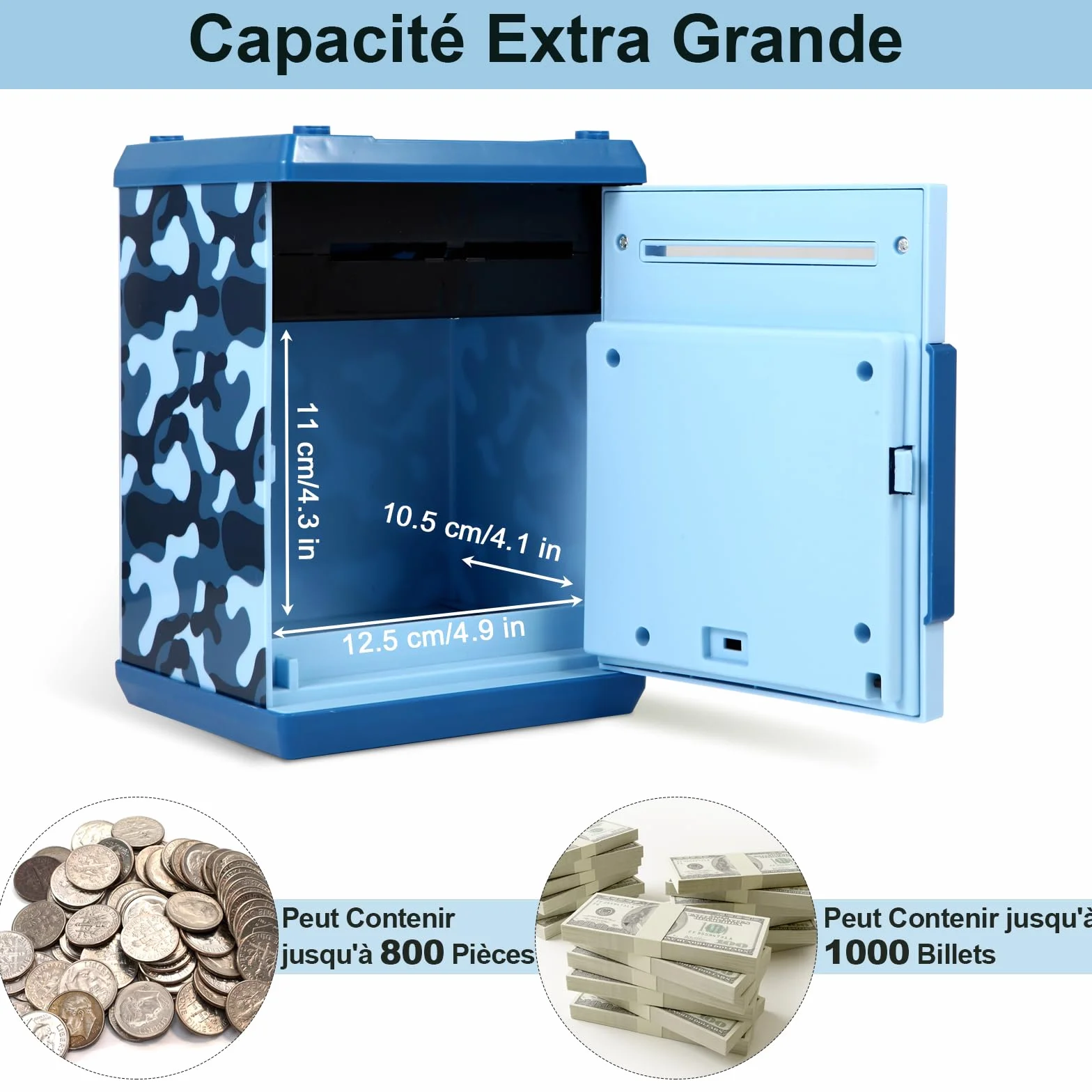 Tirelire Électronique ATM pour Enfants 3+ Coffre-Fort à Code Pièces Billets Grande Capacité Papier Défilement Automatique Bleu