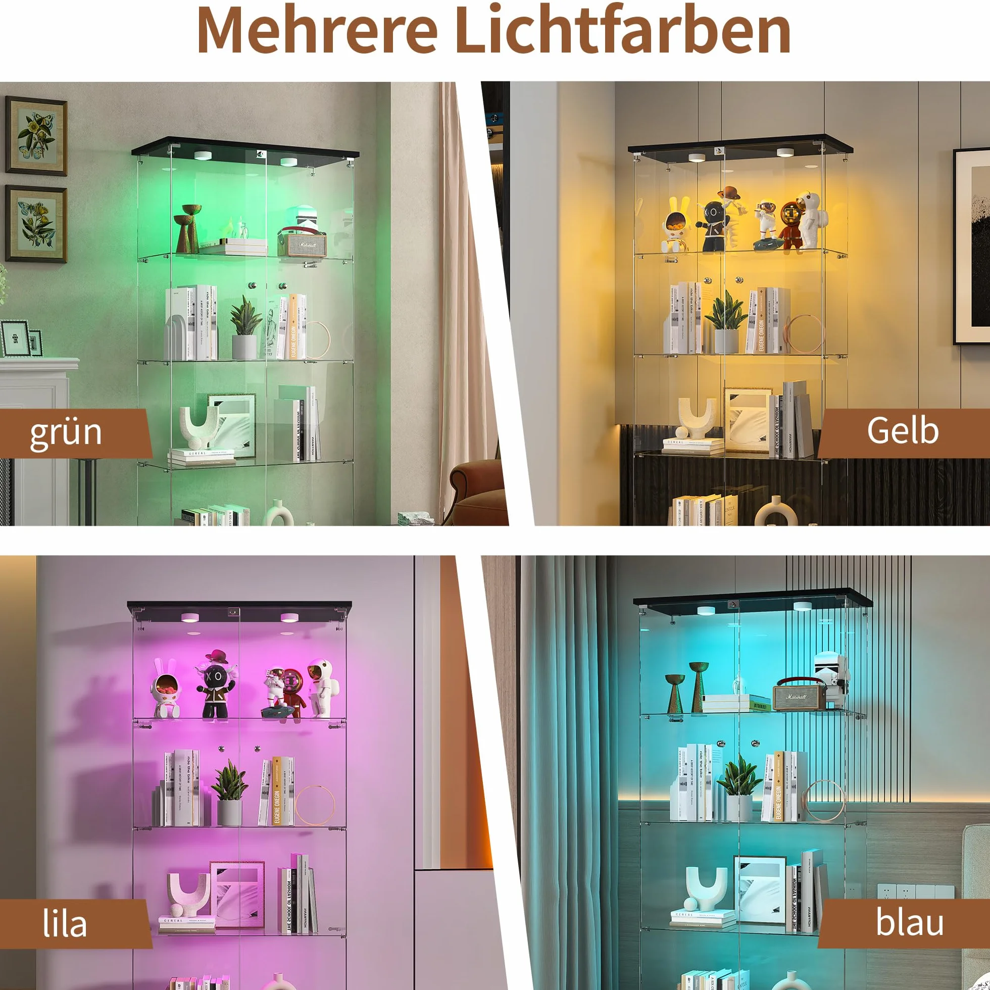 Vitrine en Verre avec LED 164x80.5x36.5cm, Armoire de Collection avec 2 Portes et 4 étagères en Serrure, Transparent pour Le Bar, Curio, Salon, Noir