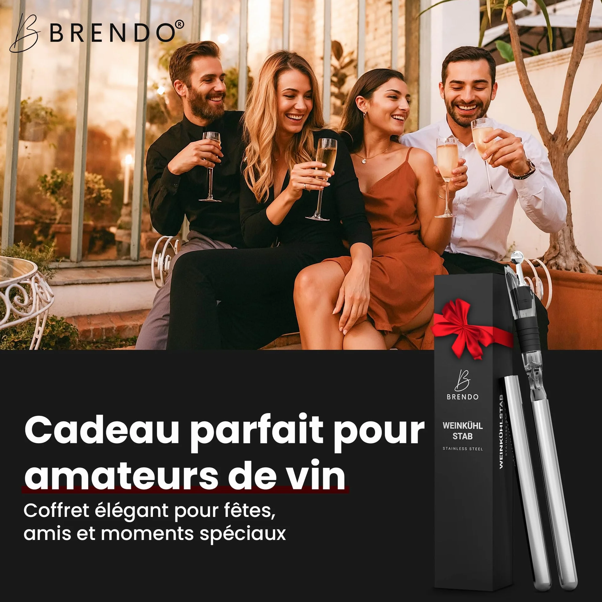 Brendo Rafraîchisseur de Vin 4-en-1 Tige de Refroidissement en Acier Inoxydable 2 Longueurs + Bec Verseur + Décanteur + Bouchon