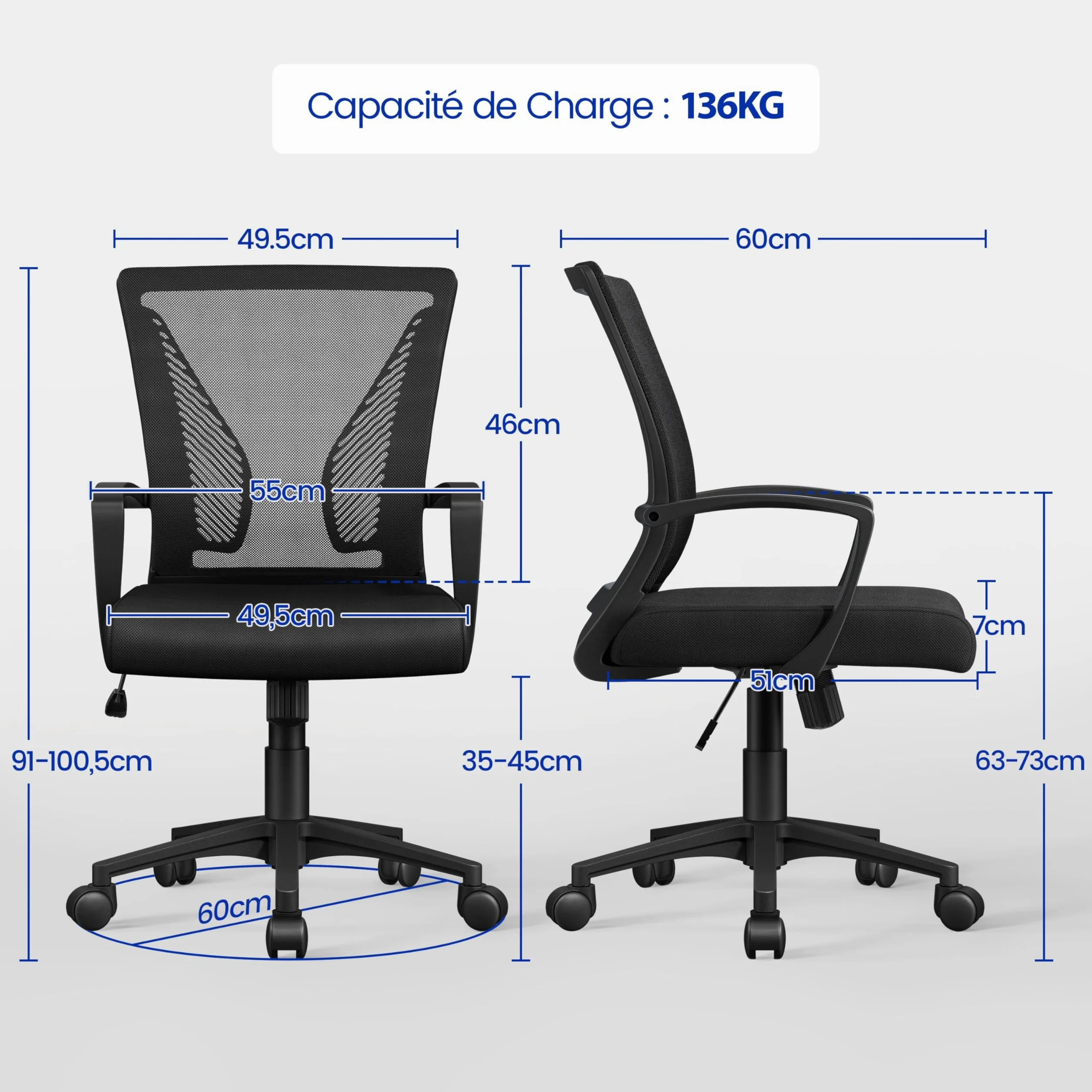 Yaheetech Chaise Bureau Fauteuil Ordinateur Réglable Inclinable Dossier Maille Respirante Roulettes Pivotantes Charge 136kg Noir