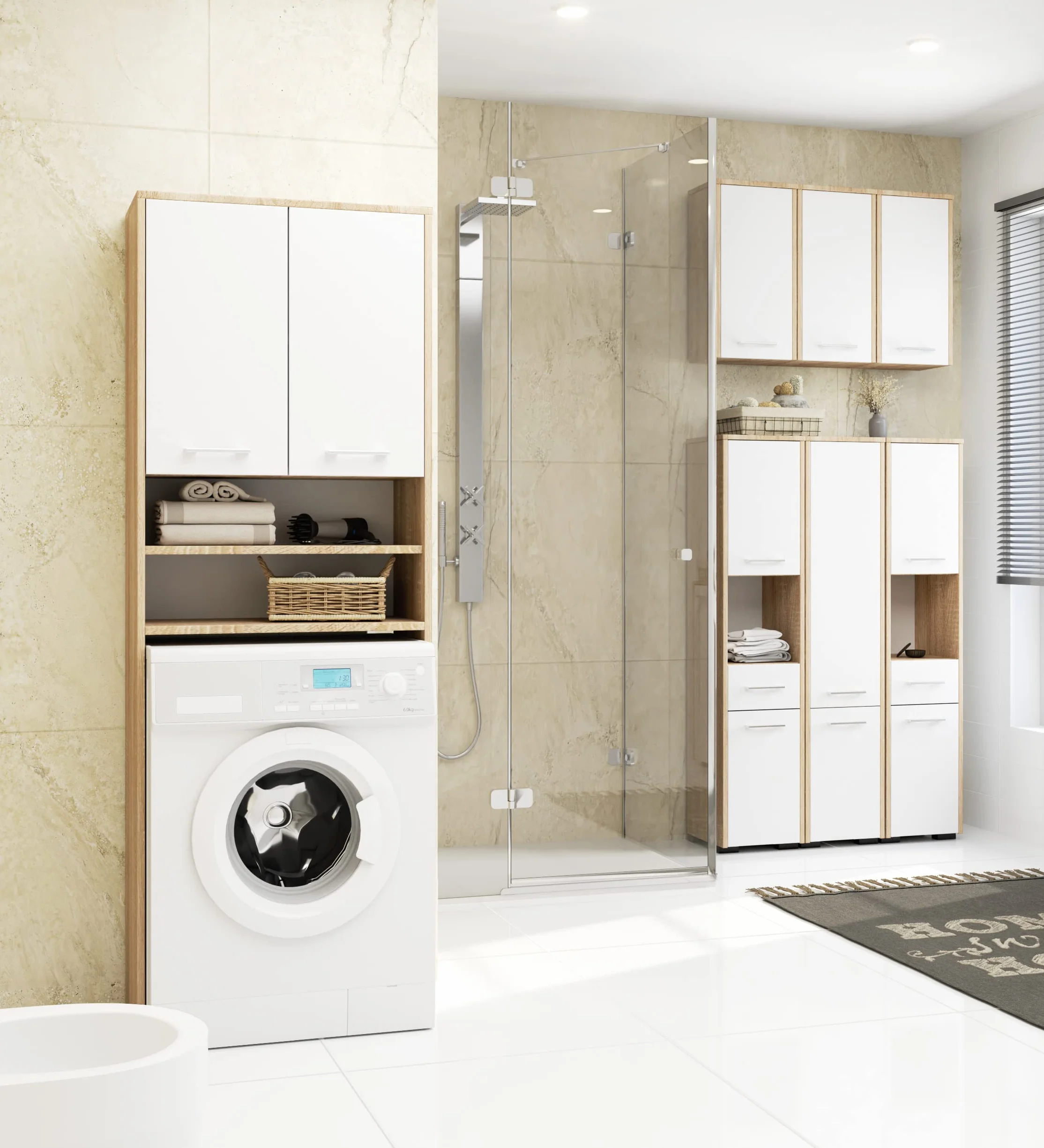 AKORD Meuble Buanderie Machine à Laver | L64 x H180 x P30 cm Poids 30 kg | Meuble pour Lave Linge avec Étagère 2 Portes 2 Casiers de Rangement Machine a Laver | Meubles de Salle de Bain