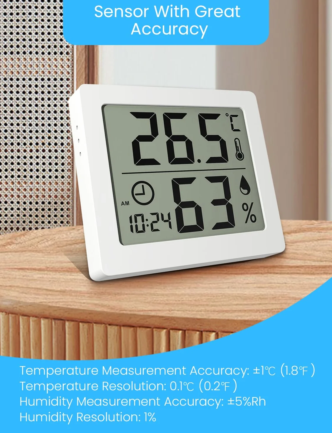 Thermo-Hygromètre numérique d'intérieur avec grand écran LCD 3,2" et horloge (Blanc)