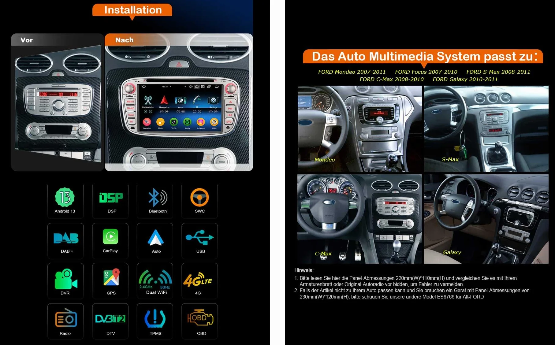 Radio samochodowe Erisin 8-rdzeniowe 4GB+64GB z Androidem 14, 2 Din z nawigacją GPS dla Forda Focus Mondeo S-Max C-Max Galaxy, obsługuje Bluetooth 5.0, CarPlay, Android Auto, DSP, WiFi, DAB+ RDS, SWC