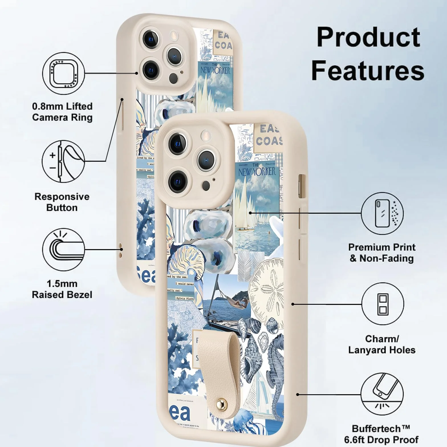 Yoedge Pokrowiec ze smyczą Zegarki dla iPhone 13 Pro Max, Kolaż estetyczne letnie puzzle muszle koralowe rysunki, silikonowe etui z paskiem na ramię naszyjnik dla iPhone 13 Pro Max 6,7"