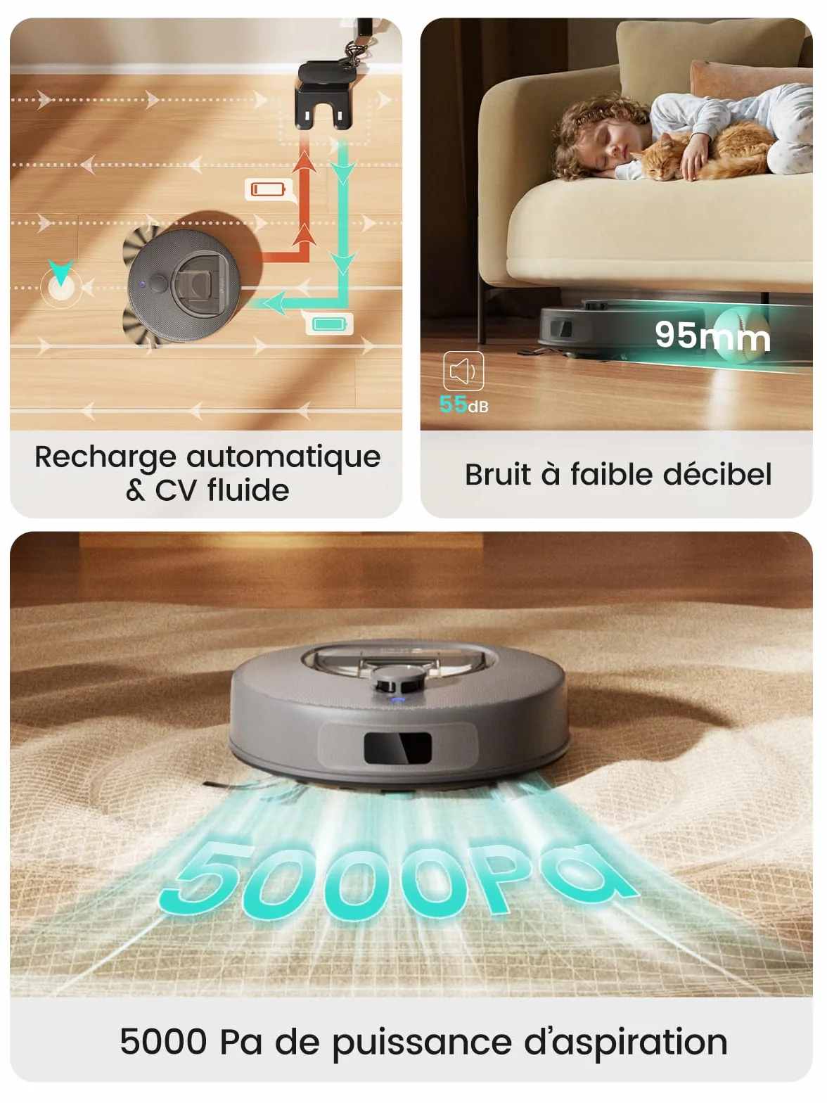 Lefant M330 Plus Aspirateur Robot Laveur 3en1, 5000Pa, 150Min, Système Freemove 3.0, Anti-emmêlement, Navigation LiDAR Précise, Zone Interdite Intelligente, 3 Niveaux d'Aspiration, APP/Alexa, Gris