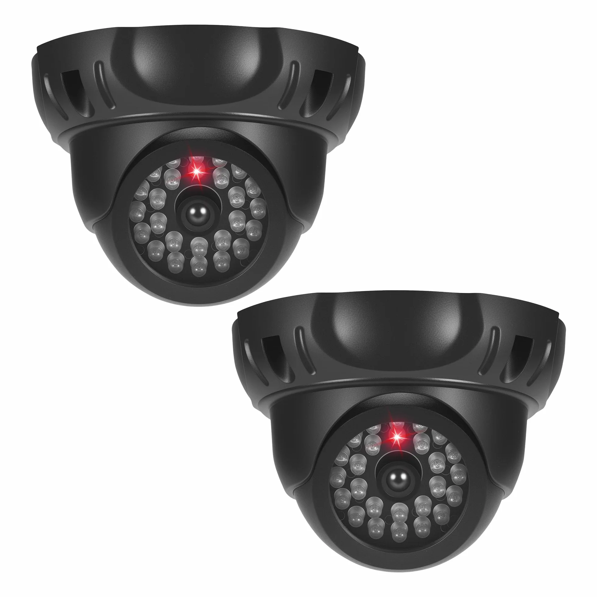 JIZZU 2 sztuki atrapy kamery, atrapa CCTV, obrotowa, atrapa kamery zewnętrznej, z migającą czerwoną diodą LED, fałszywa kamera, do montażu na ścianie lub suficie, do użytku wewnątrz i na zewnątrz