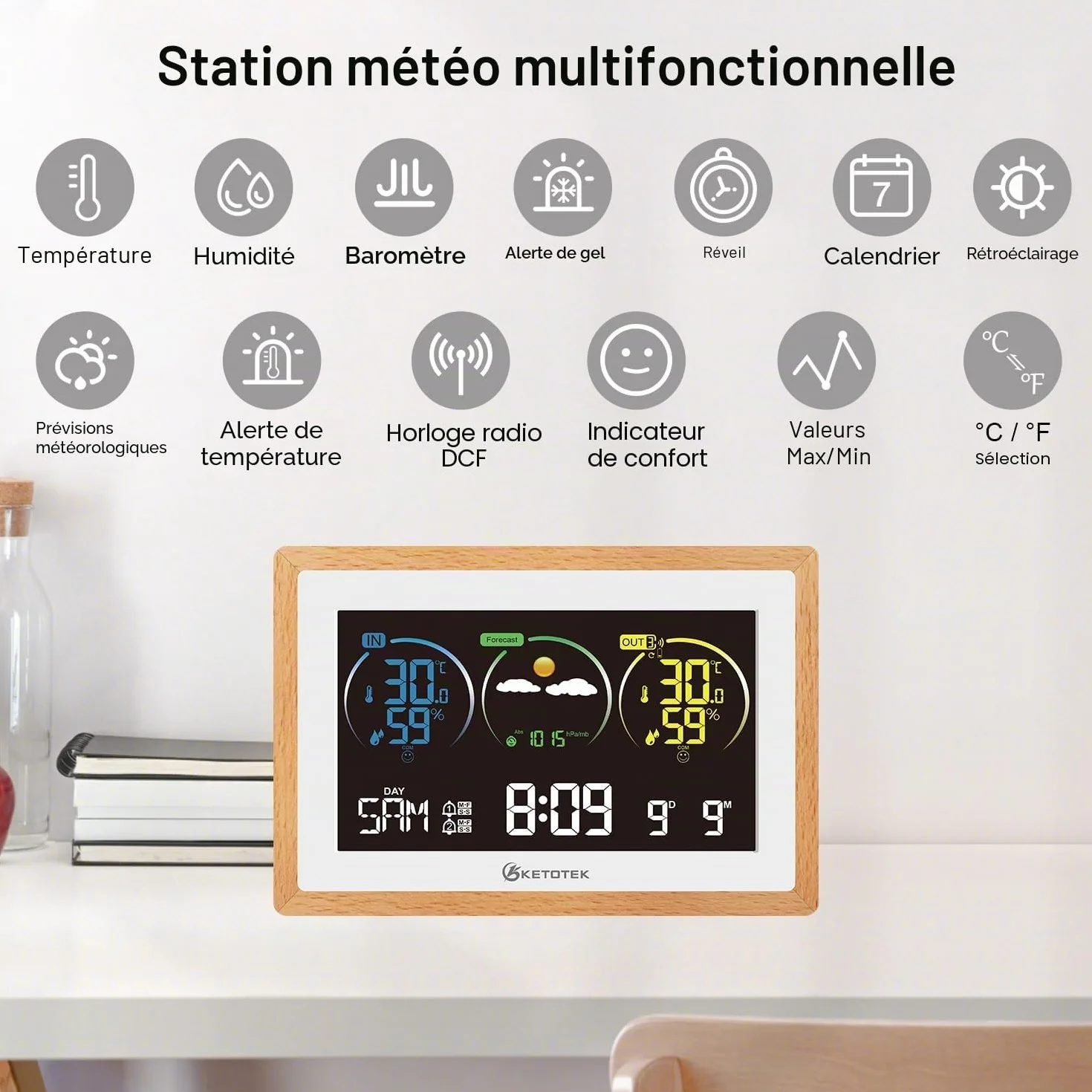 KETOTEK Station Météo Sans Fil avec Capteur Extérieur Thermomètre Hygromètre Horloge Radio-pilotée DCF Prévisions Réveil Rétro-éclairage