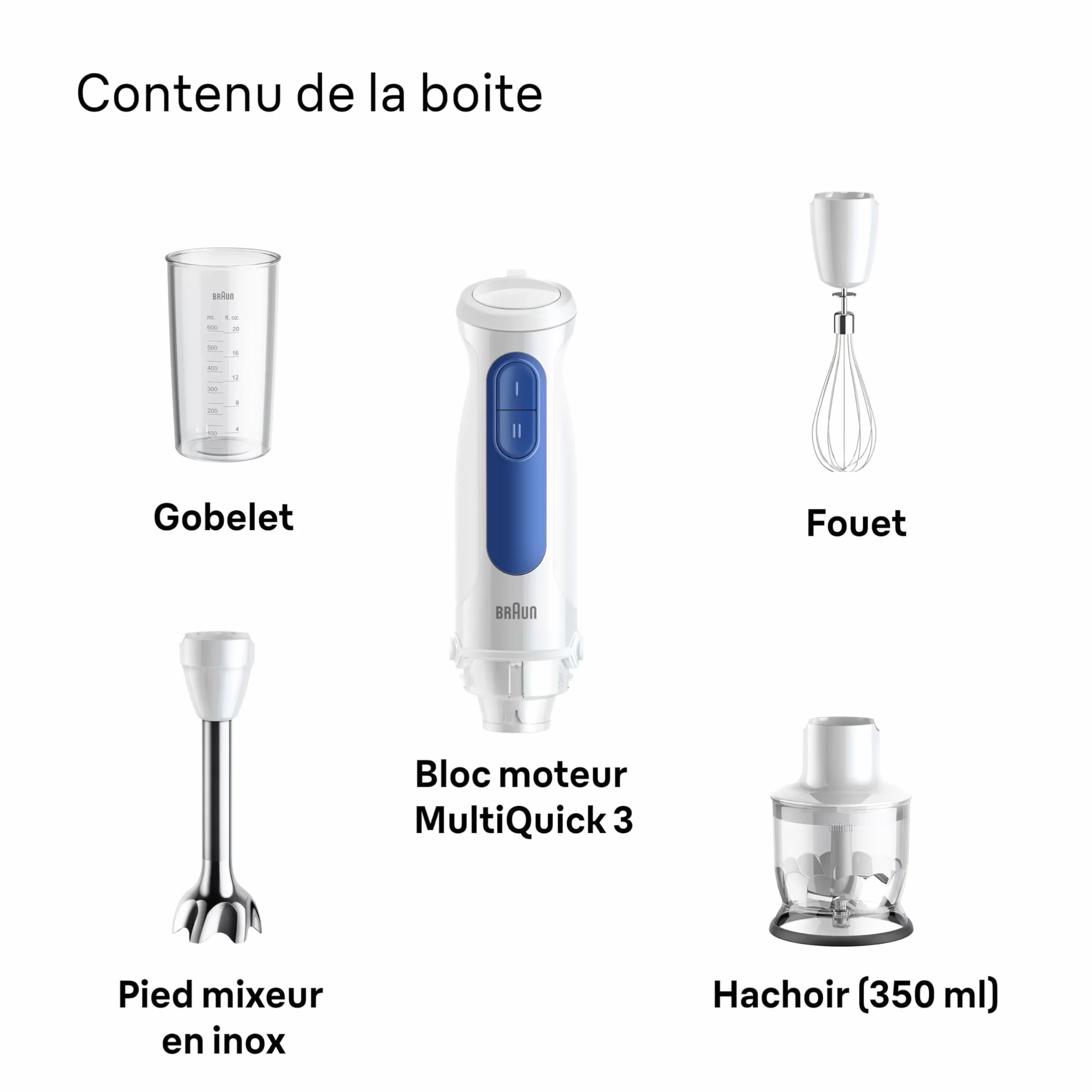 Braun MultiQuick 3 MQ30.202M, Mixeur Plongeant avec Technologie PowerBell VPlus, 2 Vitesses+Turbo, EasyClick Plus pour Accessoires, Anti Éclaboussures, Hachoir 350ml, Verre 600ml, Fouet, 900W, Noir
