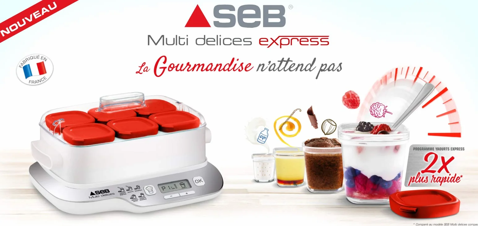 Seb Yaourtière 6 pots verre 140 ml, 5 programmes automatiques, Sans BPA, Compact, Yaourt maison, Desserts lactés, Fromages blancs, Fabriqué en France, Multidélices Express, Rouge YG660100