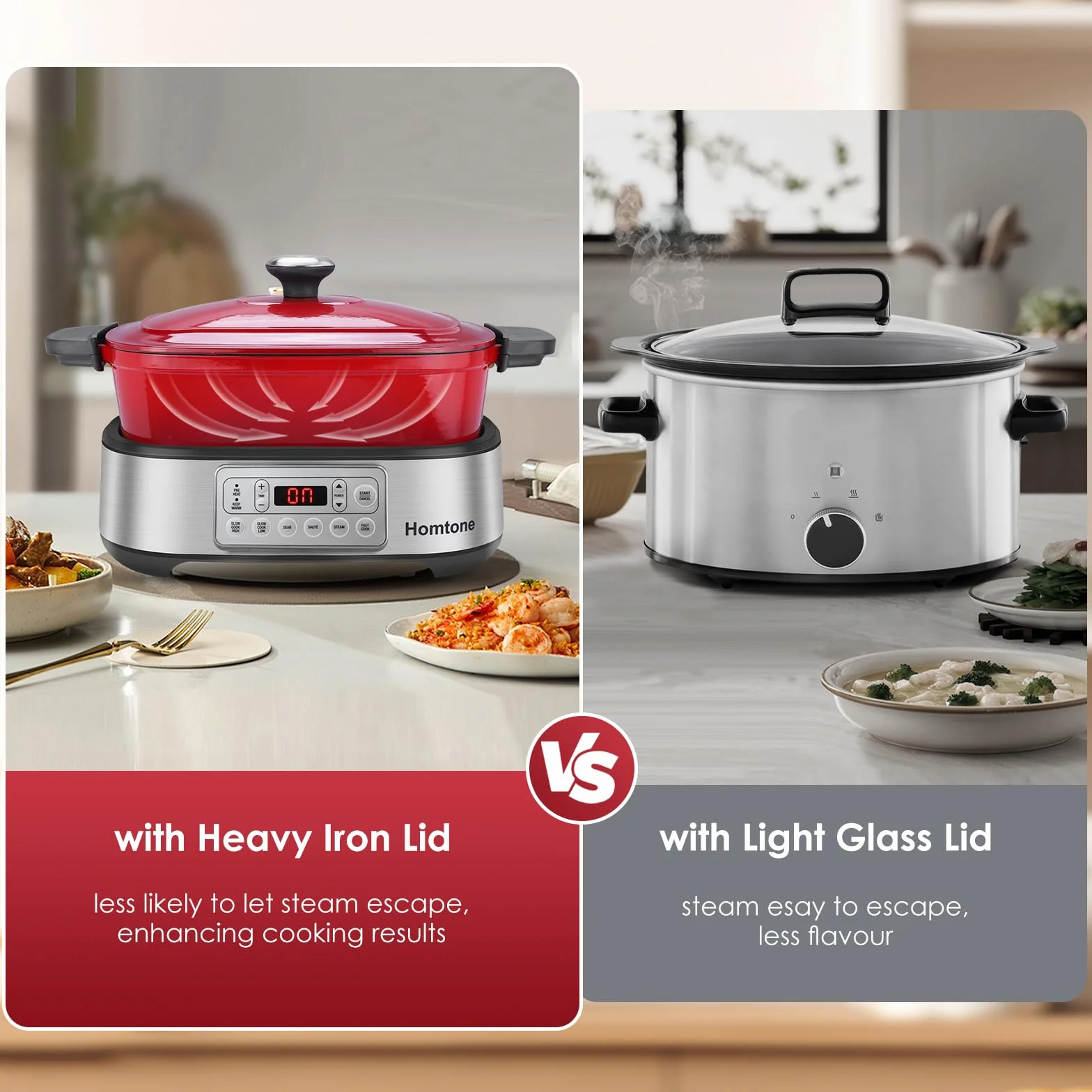 Homtone Mijoteuse électrique 6-en-1, 5,5L Multicuiseur Cocotte Amovible en Email, Revêtement Anti-adhésif en Céramique Saine Pour Cuisson Lente, Saisir, Sauter, Cuire à la Vapeur