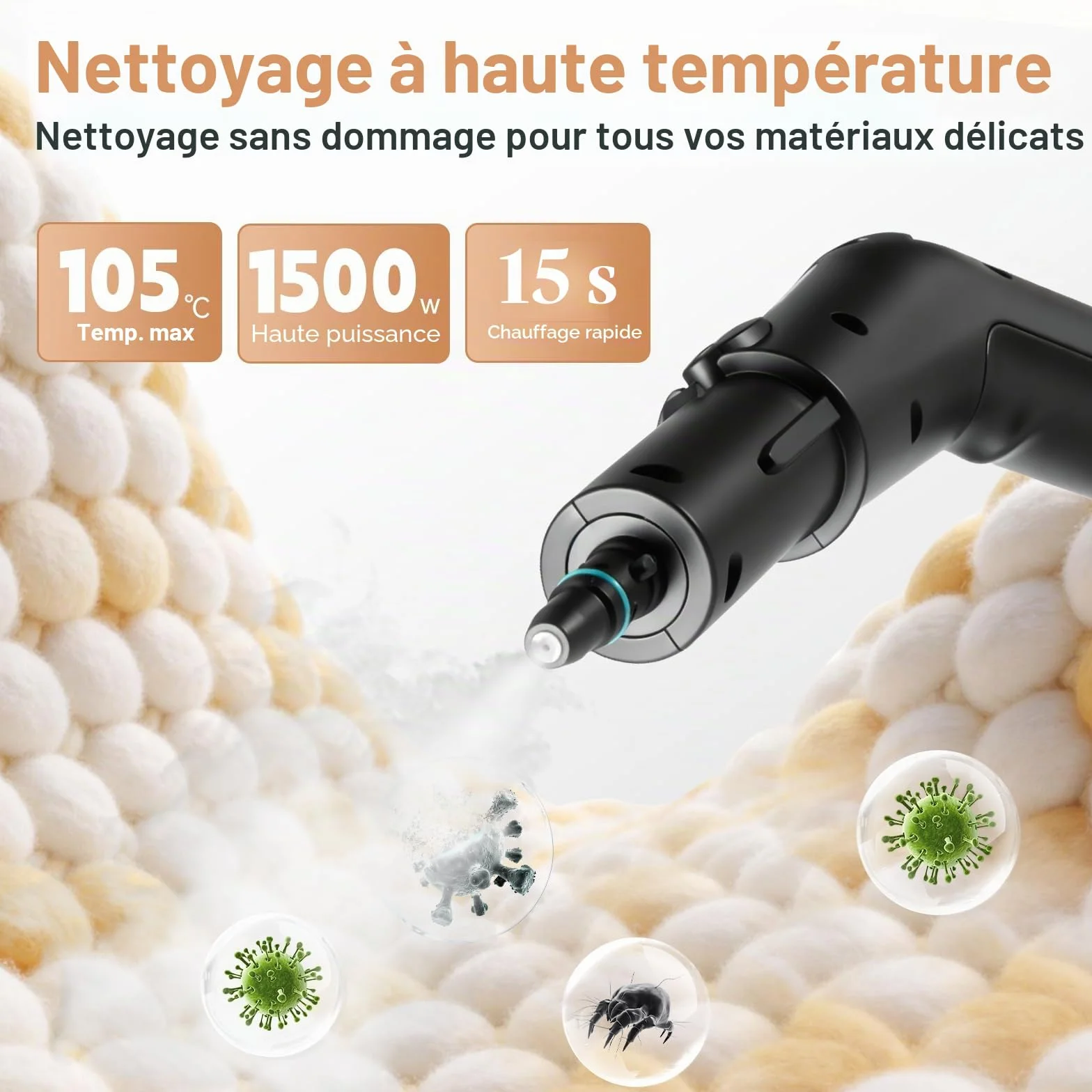 Nettoyeur Vapeur, Nettoyeur à Vapeur Portable 1500W Basse Pression, Chauffage Rapide 15s, Réservoir d’eau 1,8L, 12 Accessoires Inclus,Cuisine & Voiture, Blanc（Appuyez longuement sur 3s pour démarrer）