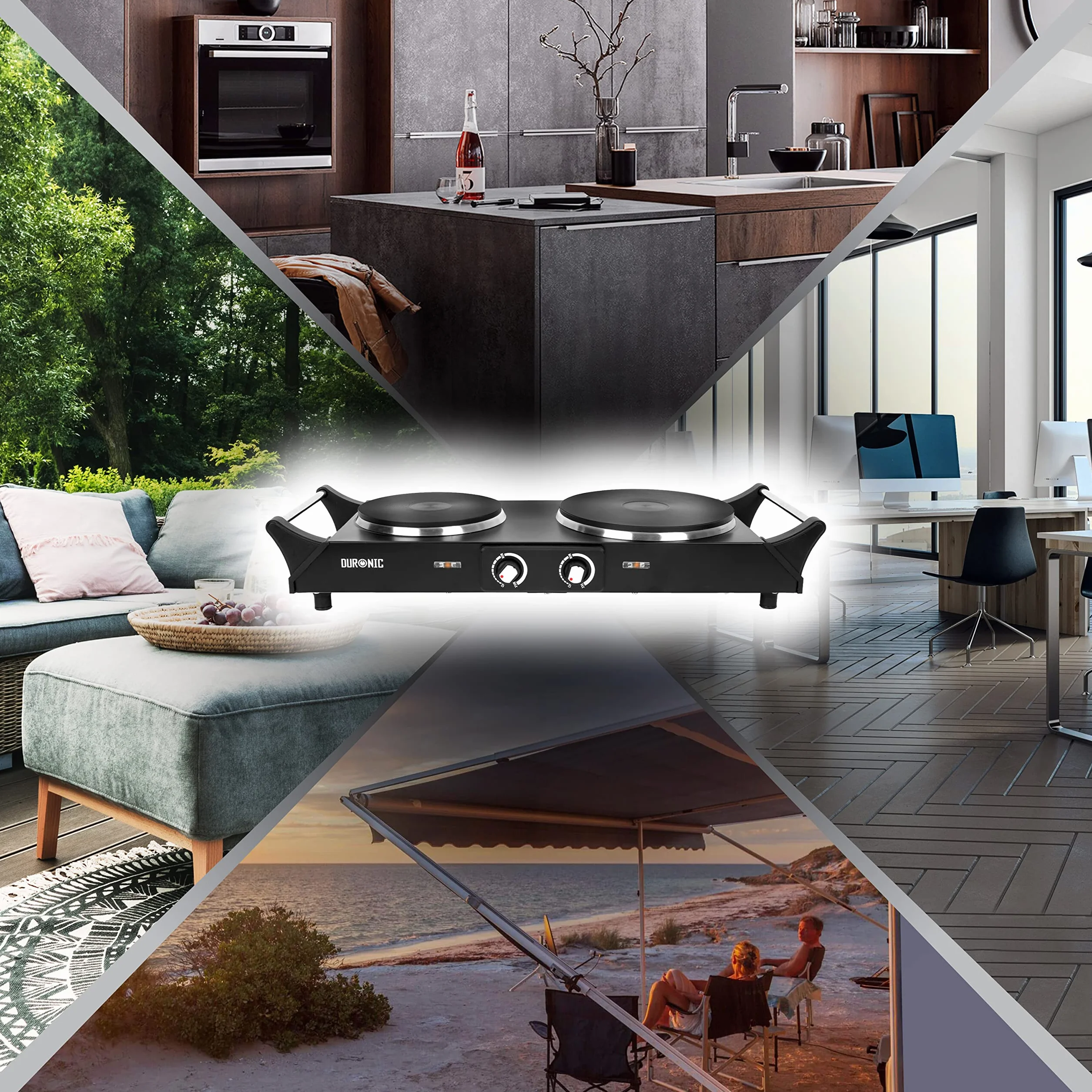 Duronic HP2 BK Plaque de cuisson chauffante électrique 1500W | Double Foyer en fonte de 20 et 15 cm | Poignées ergonomiques | Thermostat réglable | Réchaud mobile alternatif à une table de cuisson