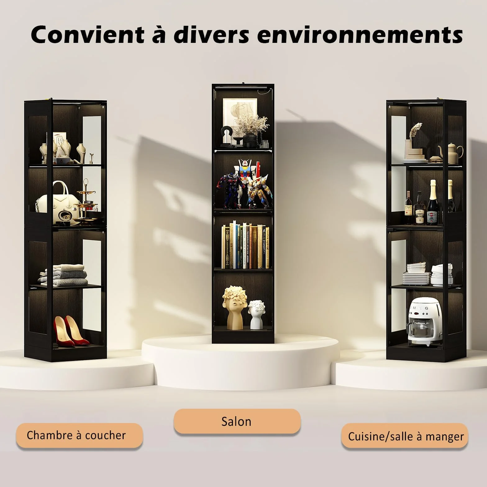 YU YUSING Vitrine Colonne en Verre avec Lumière Intelligente LED pour Collection, Armoire de Vitrine Moderne avec 4 Étagères, Mangathèque, Bibliothèque, Rangement Chambre Salon, 40 × 35 × 165 cm, Noir