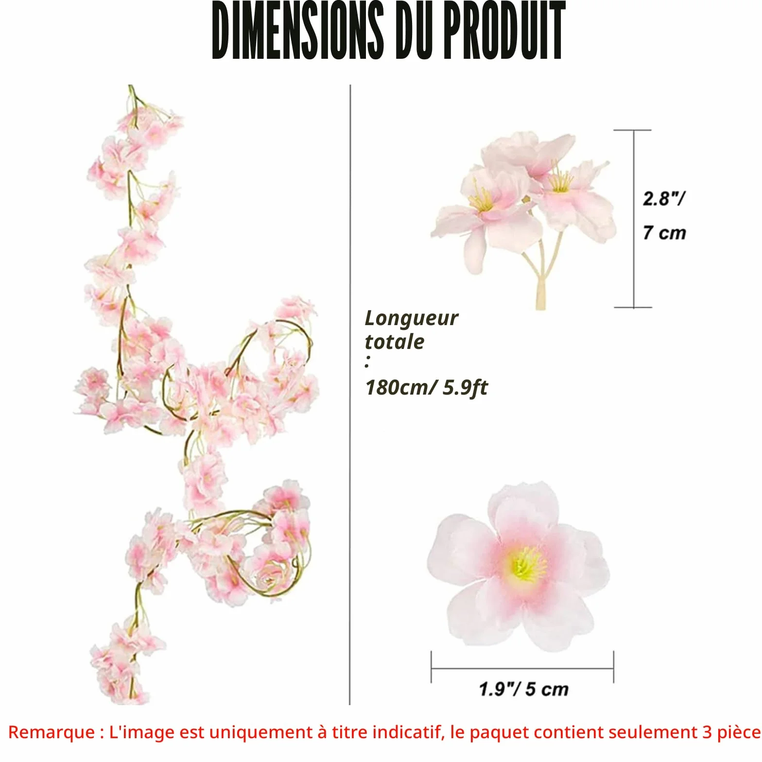 Guirlandes de Fleurs de Cerisier Artificielles 180cm 3 Pièces Décoration Extérieure Maison Jardin Mariage
